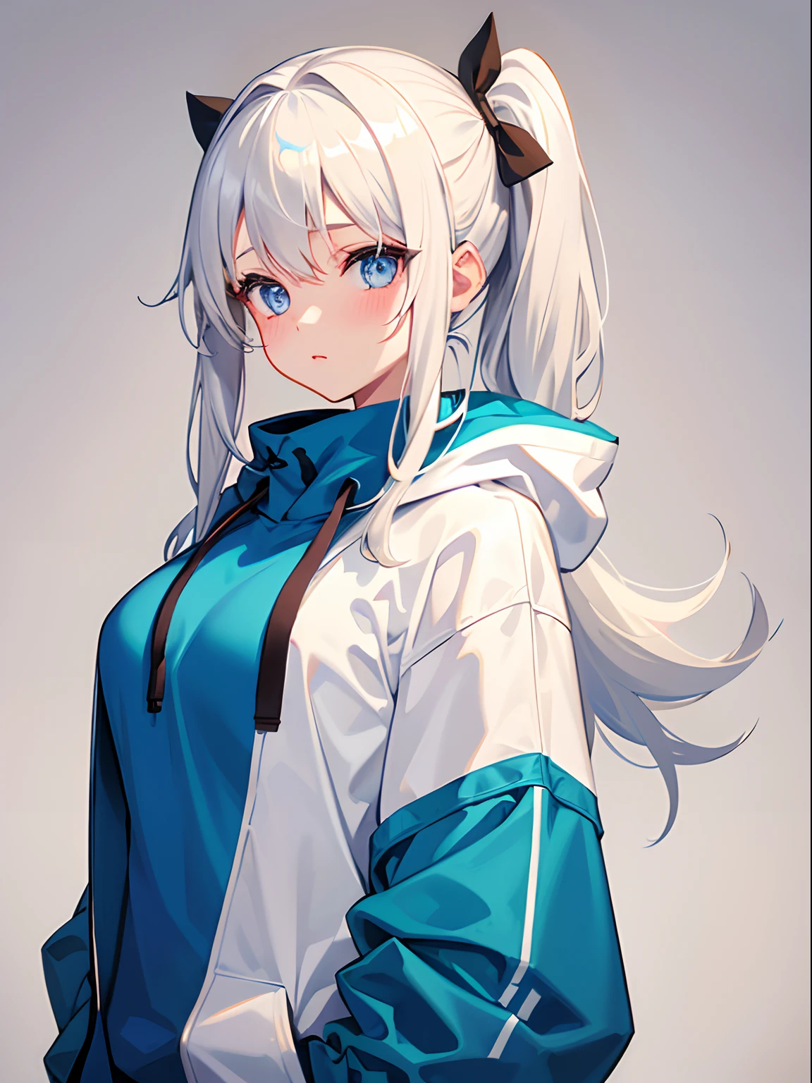 1girl in, Medium White Hair, blue eyes, Pony tail, Cute, blush, medium breasts⁩, oversize hoodie