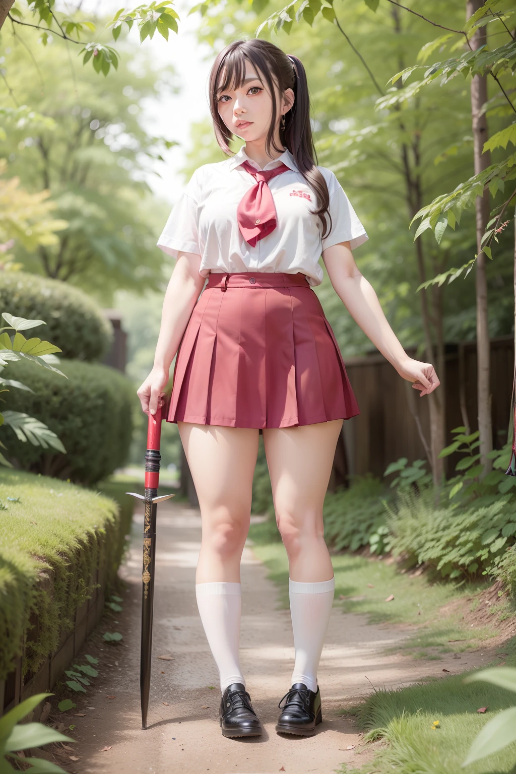 there is a woman in a short skirt and a tie holding a sword, magical school student uniform, anime girl cosplay, red uniform, japanese school uniform, wearing japanese school uniform, japanese girl school uniform, anime girl in real life, seifuku, magic school uniform, jk uniform, girl wearing uniform, anime cosplay, wearing skirt and high socks, wearing school uniform