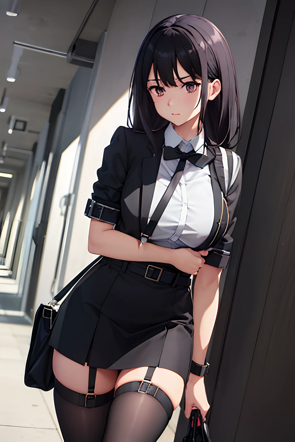 Suit,Collared shirt,Belt bag,Suspenders Black Miniskirt　garterbelts　knee high　Stockings　Black Niso　Colorcon armpit sweat　perspiring　Side of both hands,Black jacket,Gaze,ample bosom,Armpit sweat,Exposing the armpits"Tight clothes、Cuffed、wristbands　Bet
