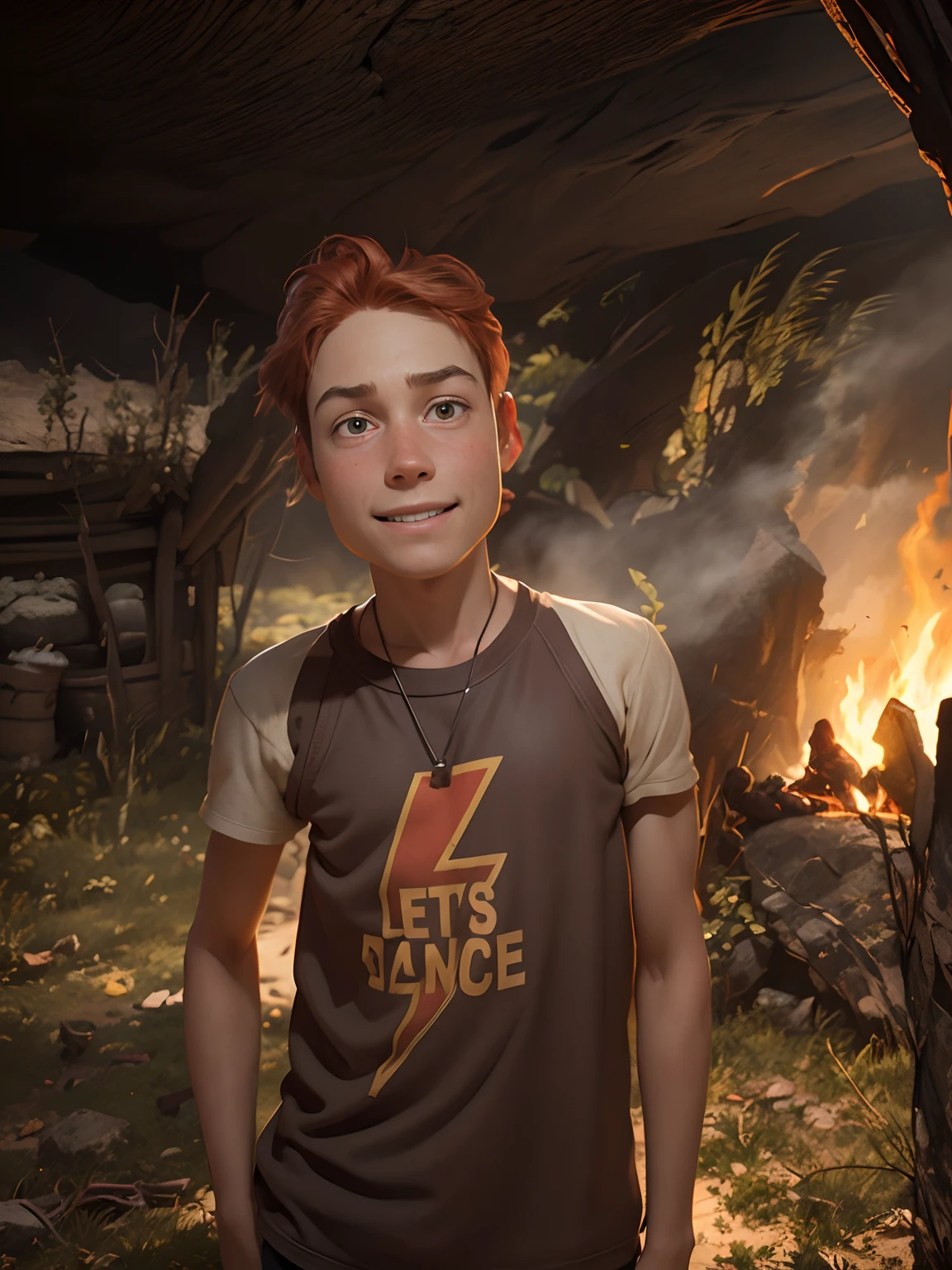 Pixar's cartoon style: A ten-year-old red-haired boy is poor in poor clothing, In a cave with savages around a fire. Smiling broadly. a closeup of a. blurred background. Light haze.