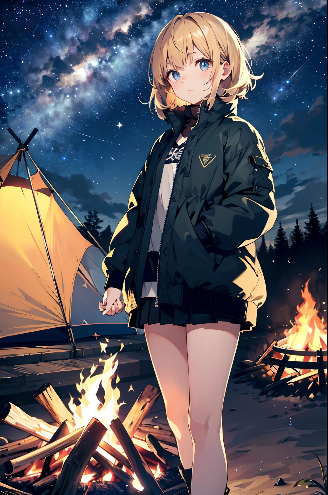 (top-quality、in 8K、32K、masterpiece、nffsw、超A high resolution、Impresionismo、Photorealsitic:1.2)、cowboy shot、foco nítido、detailed faces and eyes、(Tents and campfires are lit up in the fields at night, camping, night outdoors, night time with starry sky, outdoors at night, See the stars at night, under the starry sky, at a campfire at night, Glamping, Night time, barrel fires and tents, Night outside, campsite, campfire in background, Gaze at the stars, nighttime scene, during night)、Sharp pupils、Realistic pupils、beauitful face、18 year old beautiful girl、shinny skin、Bery short hair、Beautiful golden hair、Dark blue eyes、Down jacket、Jumper miniskirt、Black mountaineering shoes、(Hold your hand over the bonfire、The face is illuminated:1.3)、(Embarrassed look:1.2)、Mel Kishida