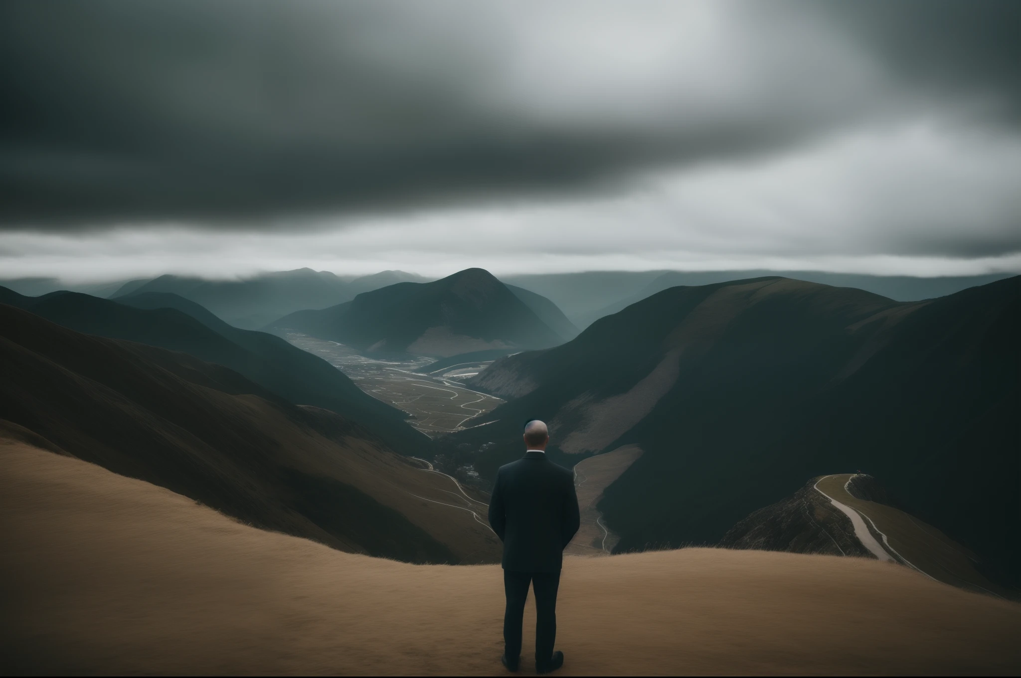 a man looking at a hill on a cloudy day, cinematic, 8k