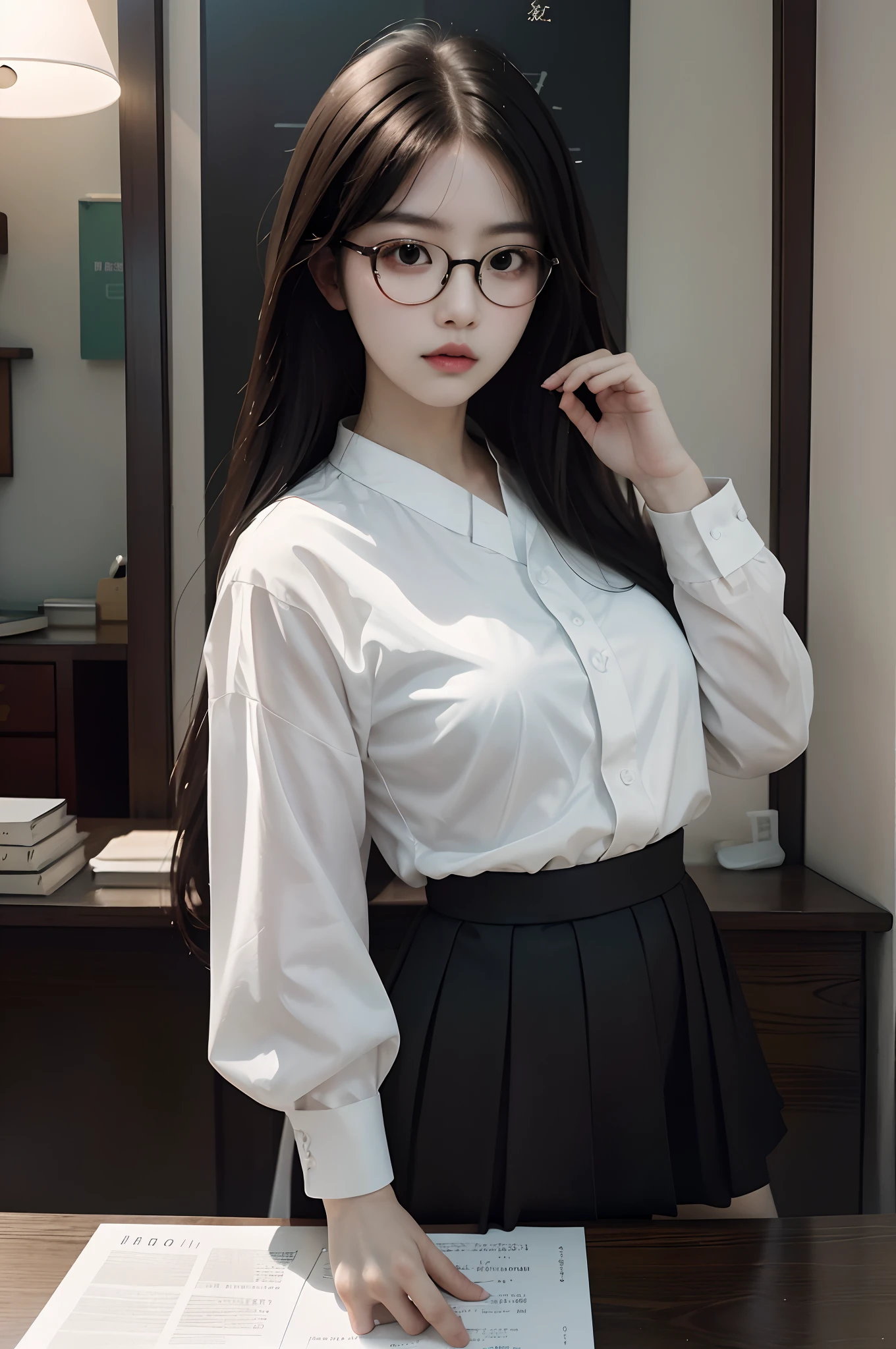 there is a woman with glasses and a white shirt posing for a picture, a picture inspired by Ren Hang, tumblr, shin hanga, with glasses, spectacled, with glasses on, taken with a pentax k1000, 奈良美智, with black eyeglasses