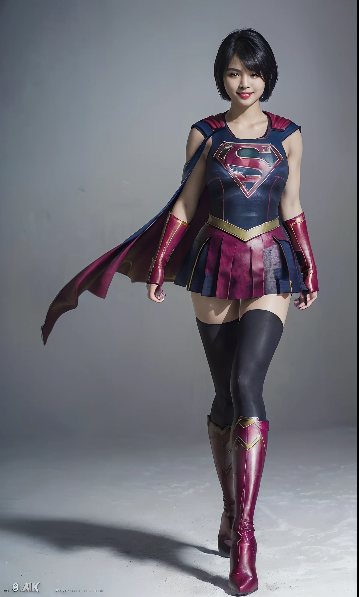 Asian Beautiful Girl、Bloody、Bleeding、Bloodbath and suffering、Done、defeated、Defeated by enemies、(((Wear black tights on your beautiful legs.)))、(((beauty legs)))、(((facial expression of smile)))、((((Make the most of the original image)))、(((Supergirl Costume)))、(((Beautiful short hair、The hair)))、(((Suffering)))、(((Feet must necessarily be worn with black tights)))、(((You need to wear red boots)))、((Top image quality、8K))、((top-quality、8K、​masterpiece:1.3))、(((Keep your background simple)))、Crisp focus:1.2、Beautiful woman with perfect body shape:1.4、Slender Abs:1.2、a wet body:1.5、Highly detailed facial and skin texture、8K