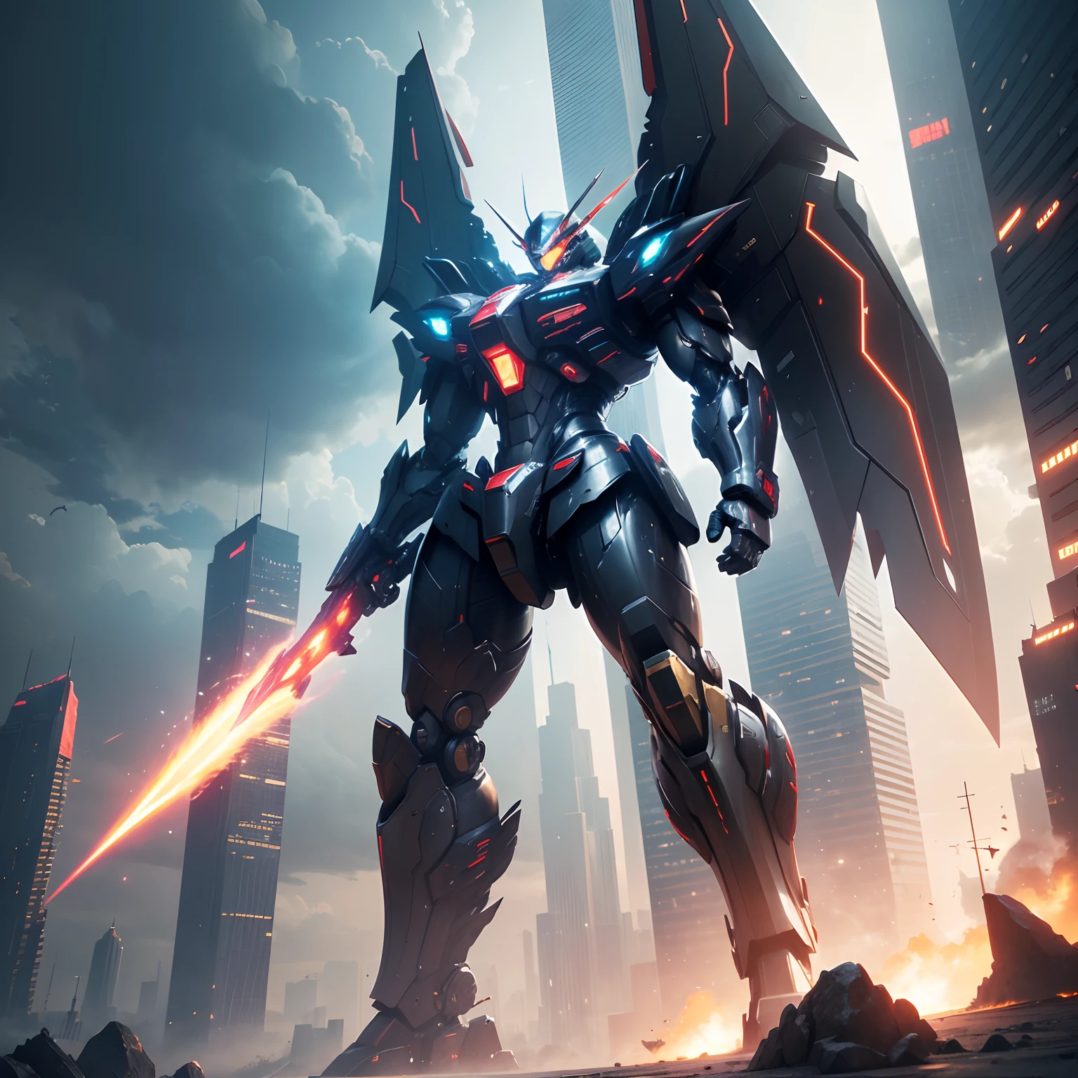 (Best Quality, 4K, 8K, hight resolution, masutepiece:1.2), Ultra-detailed, Realistic:1.37, Science fiction, futuristic design, Detailed wings, Inspired by Gundam, Cityscape, Beam saber, Dynamic action, Vivid colors, powerful stance, Robot craftsmanship, The best technology, Glowing energy, Mechanical precision, cybernetic enhancements, epic battle scene, towering skyscrapers, Immersive atmosphere, Intense lighting, Warzone of the future, exquisitedetails, Menacing presence, Iconic heroes, Advanced weapons, Mecha of the future, Sleek and aerodynamic, awe-inspiring, High-Tech Marvel, explosive energy, Dynamic Poses, Seductive composition, Brilliant execution, cinematic quality, grand, Magnificent masterpiece.