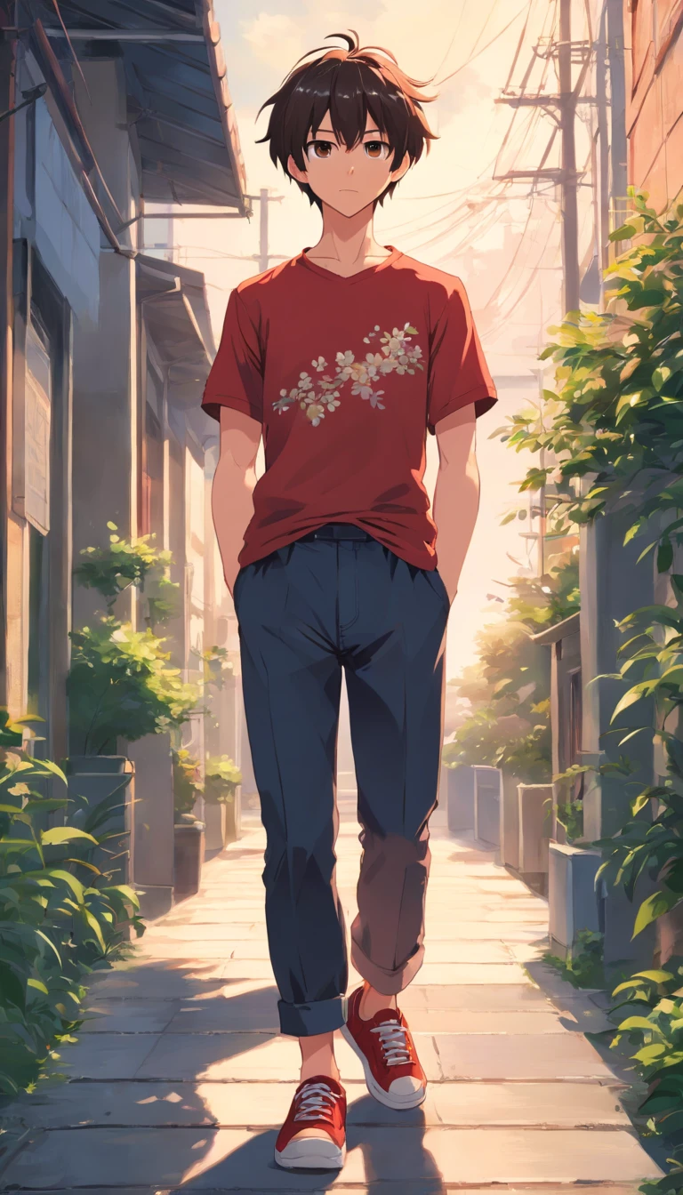 Young men，Ordinary look，medium build，Greasy hair，The eyes are sinister。He wears a flowery red shirt and black pants，There are worn sneakers on the feet。