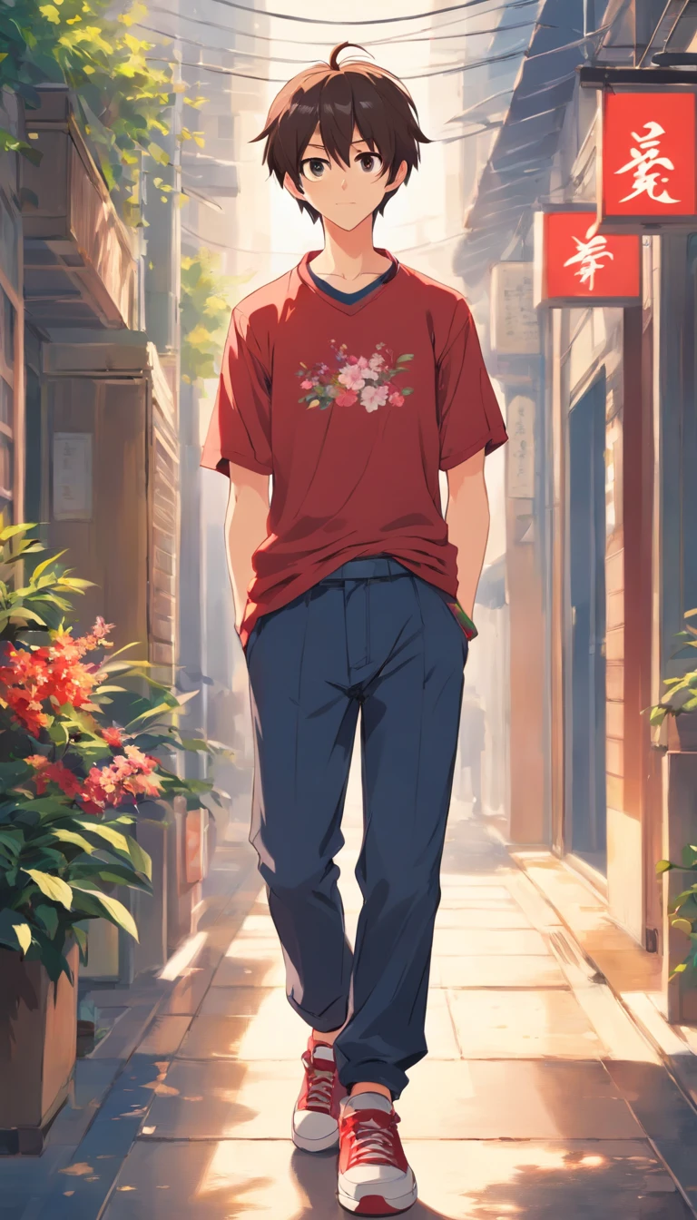 Young men,Ordinary look,medium build,Greasy hair,The eyes are sinister。He wears a flowery red shirt and black pants,There are worn sneakers on the feet。