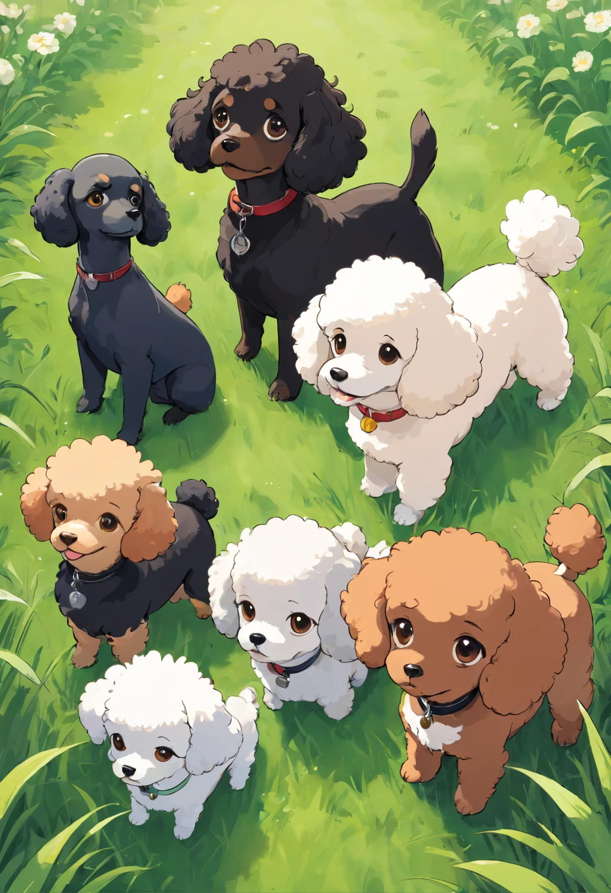 grass field,White toy poodle,Brown toy poodle,Flesh-colored toy poodle,Black Shepherd,Brown cavalier,Black and white cavalier,Dogs in line,
