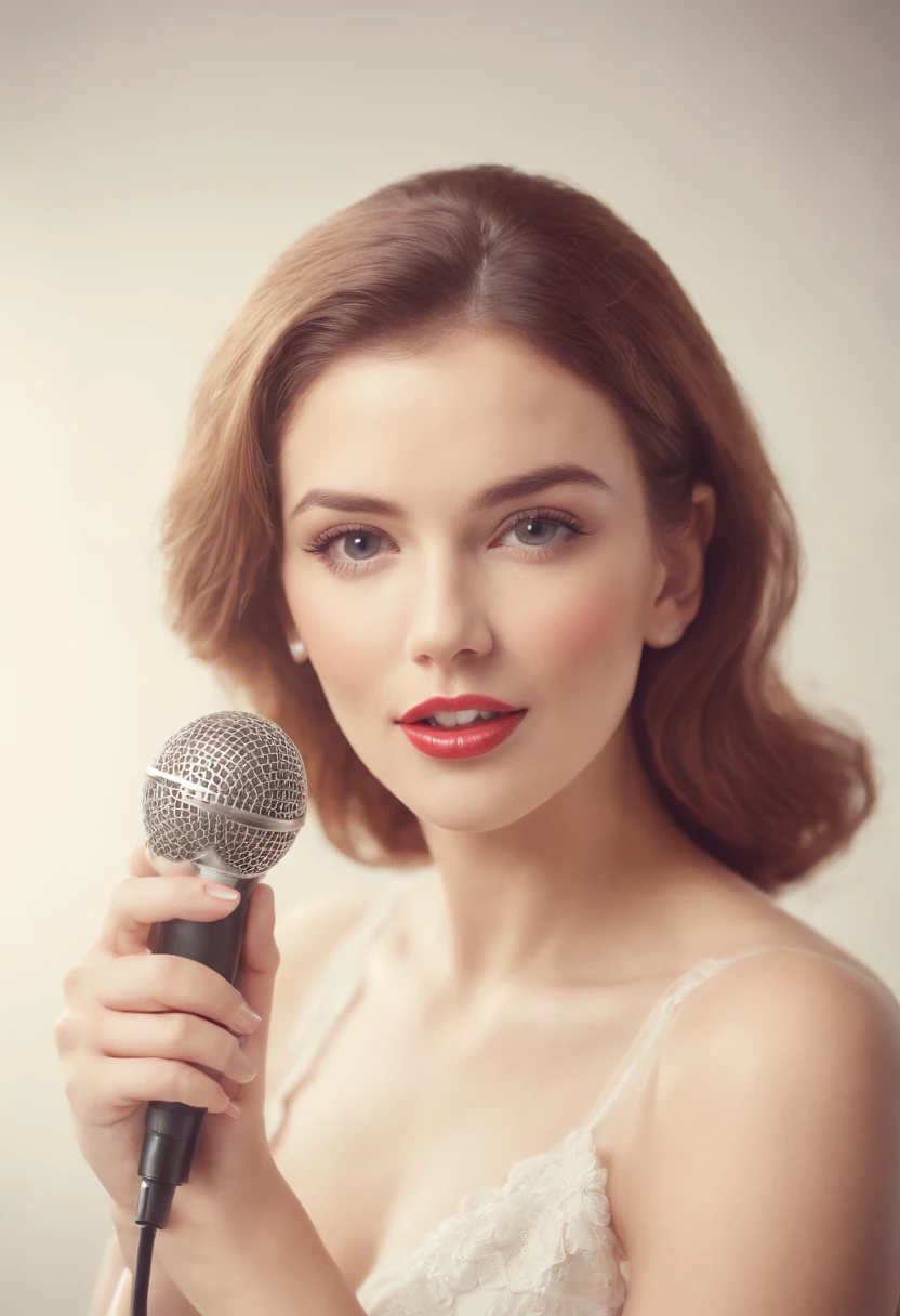 A portrait of a beautiful young woman singing karaoke, vintage illustration, chromolithograph, 80s style, white background.