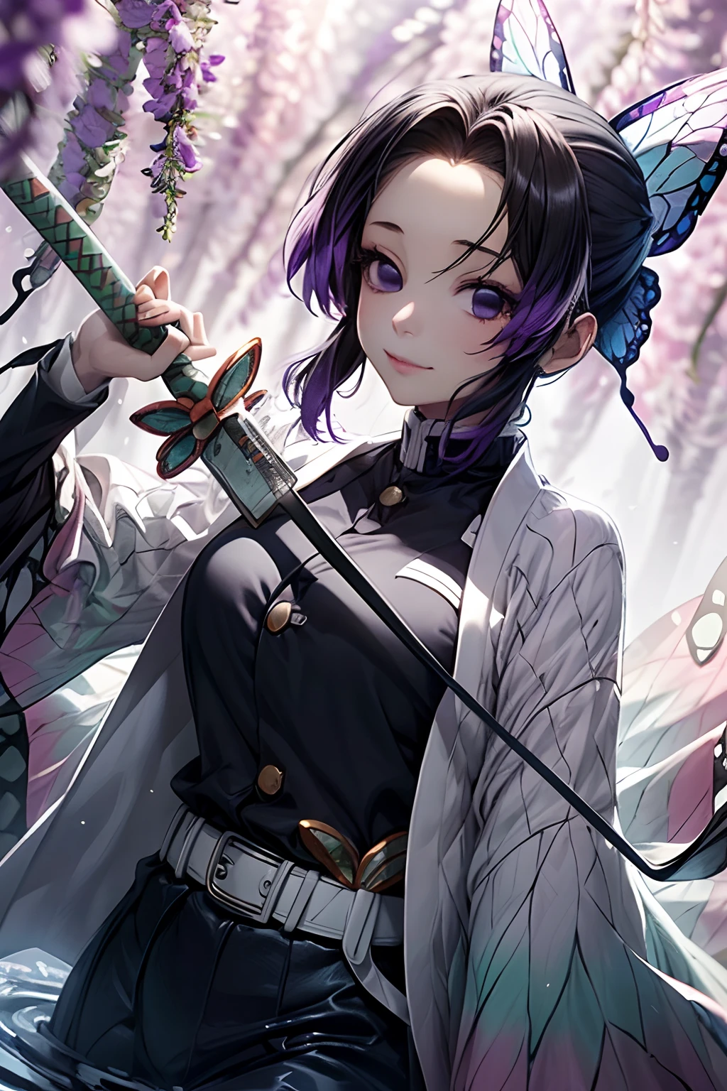 Extremely detailed and high-resolution masterpiece of Kocho Shinobu, the beautiful and deadly Demon Slayer in dynamic action. Add emphasis on the intricate details of her butterfly-themed outfit and the fierce expression on her face. Set the scene on a sunny day, with a serene pond and cherry blossom petals in the background. Use rich colors and volumetric light to create a sense of ethereal beauty and power.