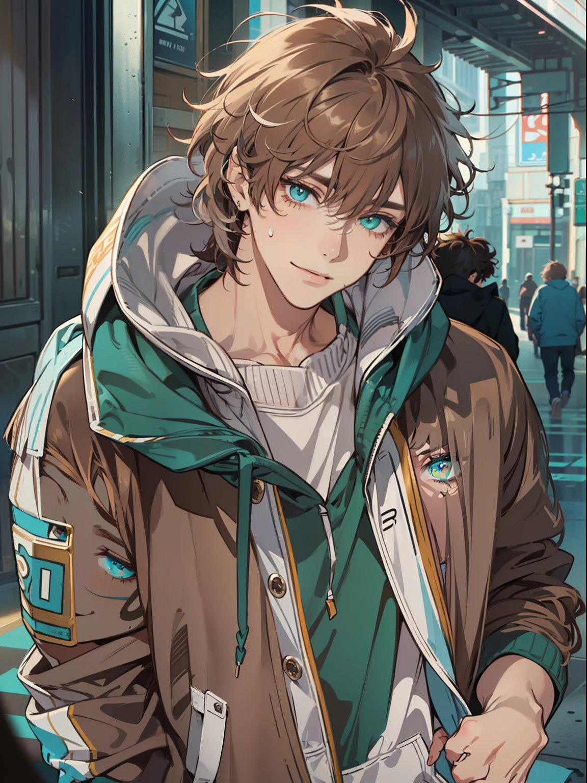 ((highest quality, masterpiece, 4k, finely detailed, detailed eyes, detailed face, gelbooru, pixiv)), warm lighting, ((solo)), 1 male, handsome, masculine, adult male, broad shoulders, closeup of face, portrait, smiling, ((lazy eyes, half-lidded, wearing modern clothing, hoodie with a logo, sweatpants, standing, , ((brown hair with white streaks, medium length hair, shaggy hairstyle, messy hair)),(cyan eyes)