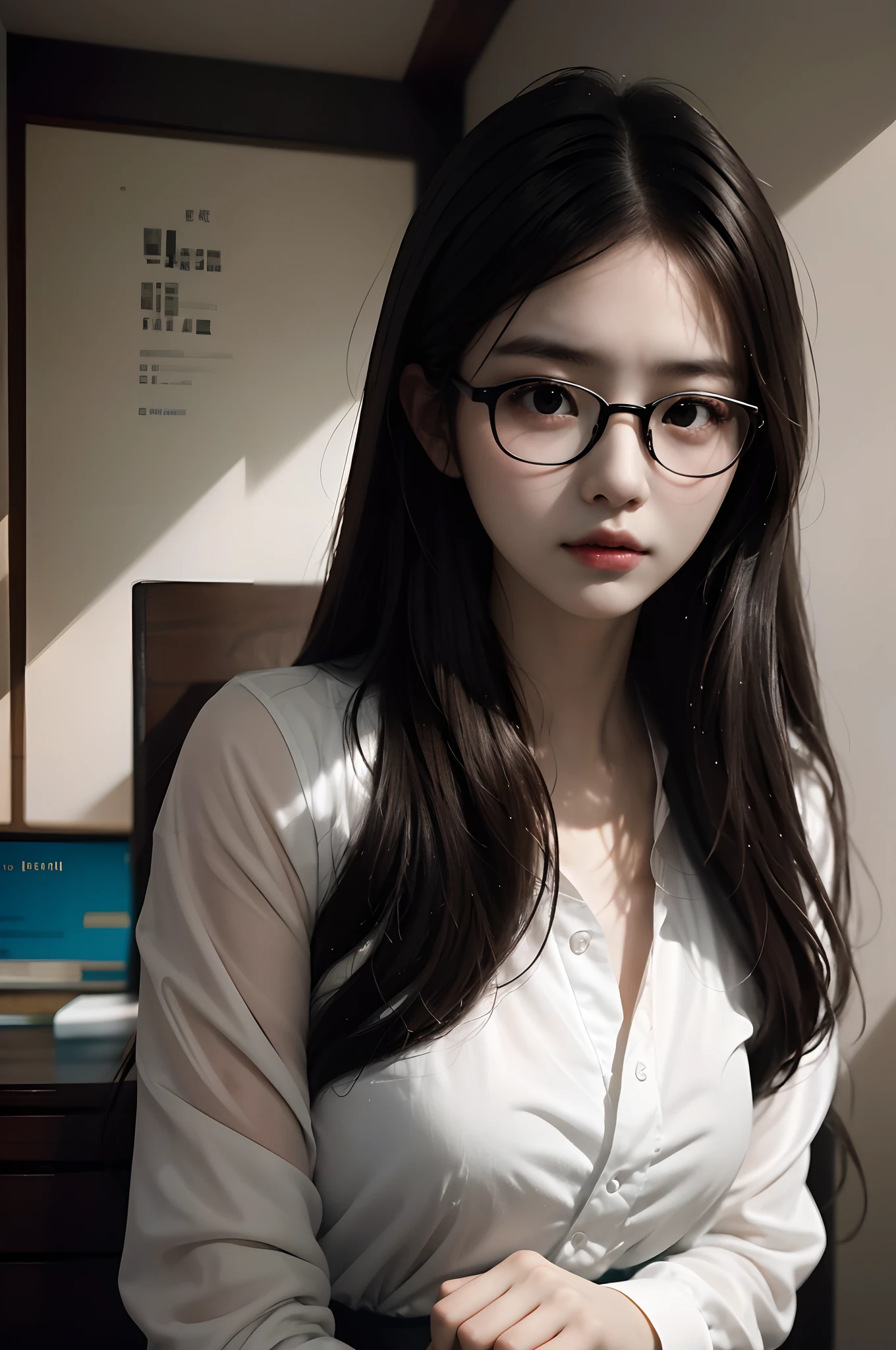 there is a woman with glasses and a white shirt posing for a picture, a picture inspired by Ren Hang, tumblr, shin hanga, with glasses, spectacled, with glasses on, taken with a pentax k1000, 奈良美智, with black eyeglasses