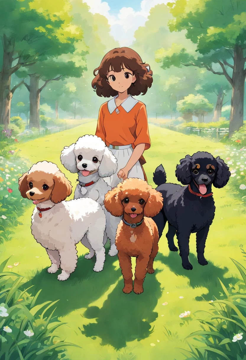 grass field,White toy poodle,Brown toy poodle,Apricot toy poodle,Black Shepherd,Tri-color cavalier,Branheim Cavalier,Dogs in line,