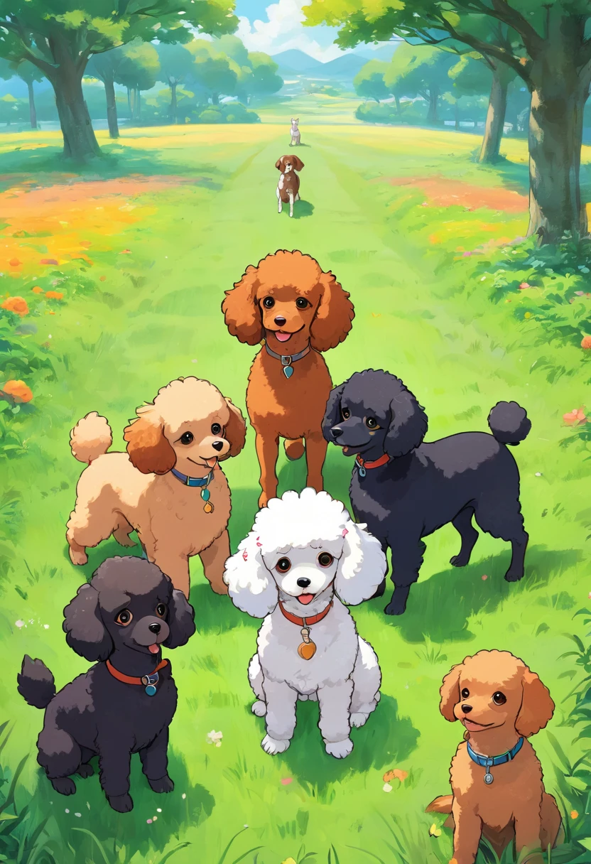 grass field,White toy poodle,Brown toy poodle,Apricot toy poodle,Black Shepherd,Tri-color cavalier,Branheim Cavalier,Dogs in line,