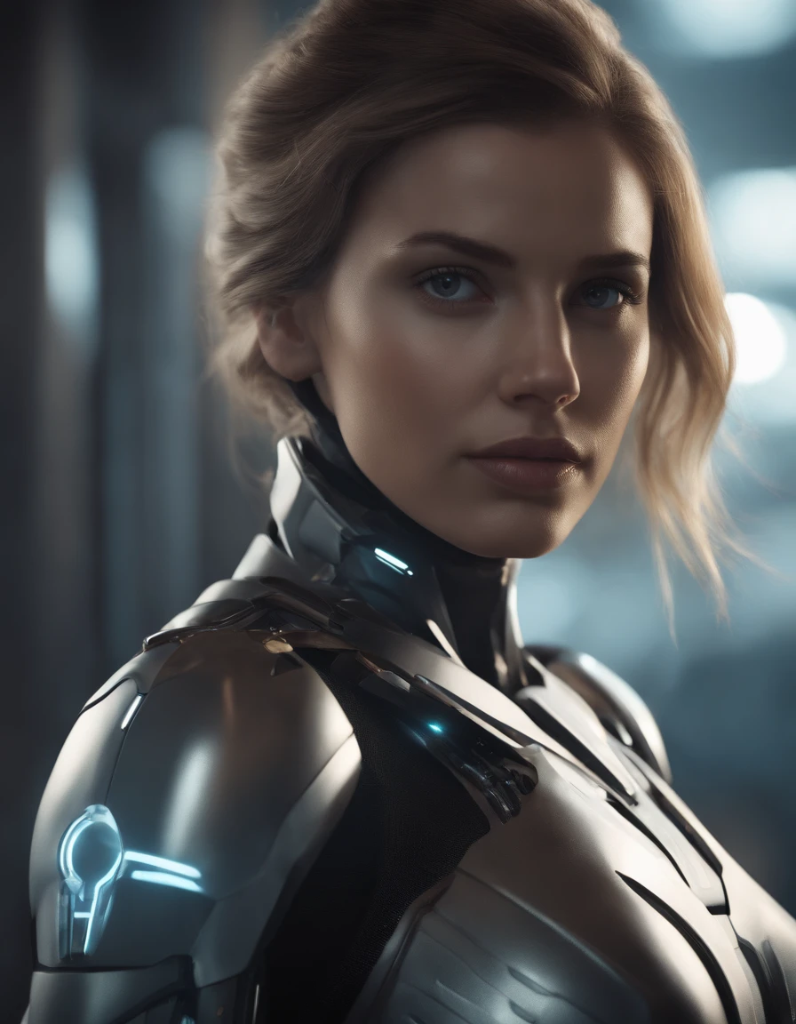 Woman, 21 years old,((best quality)), ((masterpiece)), (detailed), Midjourney Style, close-up, robot, concept art, inspired by alphonse mucha, digital art, Crysis Nanosuit, futuristic, (glowing elements:1.1), 4:3 aspect,upper body