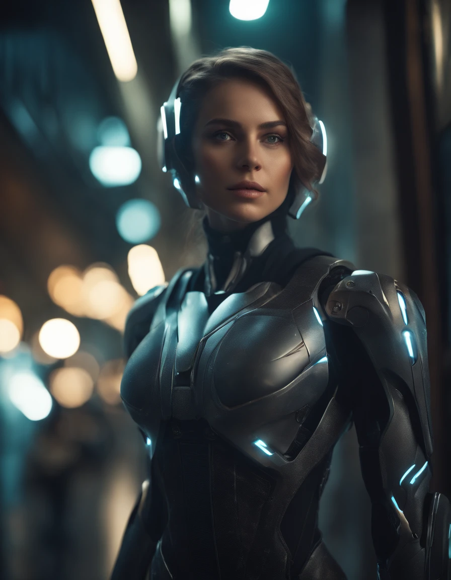 Woman, 21 years old,((best quality)), ((masterpiece)), (detailed), Midjourney Style, close-up, robot, concept art, inspired by alphonse mucha, digital art, Crysis Nanosuit, futuristic, (glowing elements:1.1), 4:3 aspect,upper body