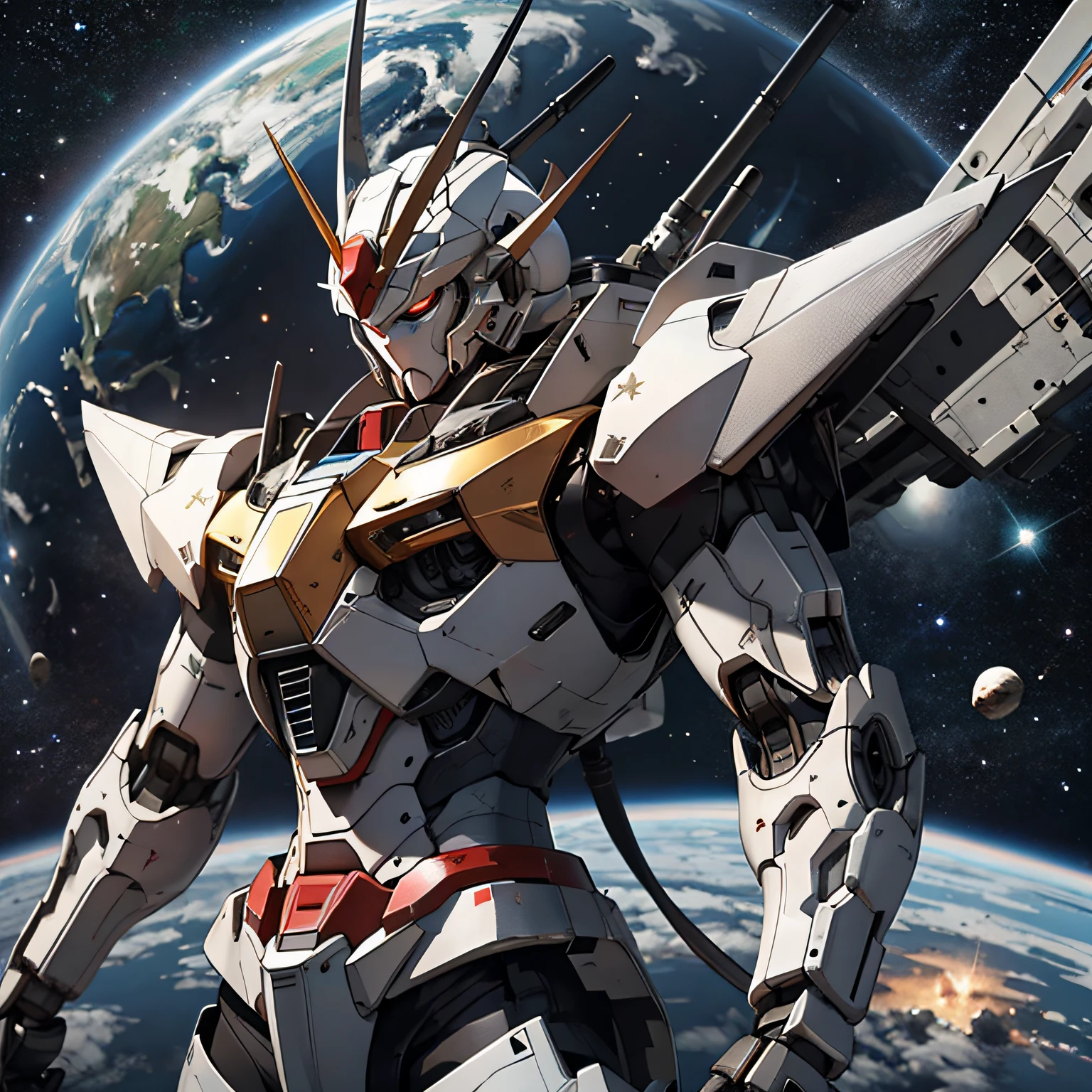 Gundam with blue and red body、Fly in outer space。Earth with stars on background、