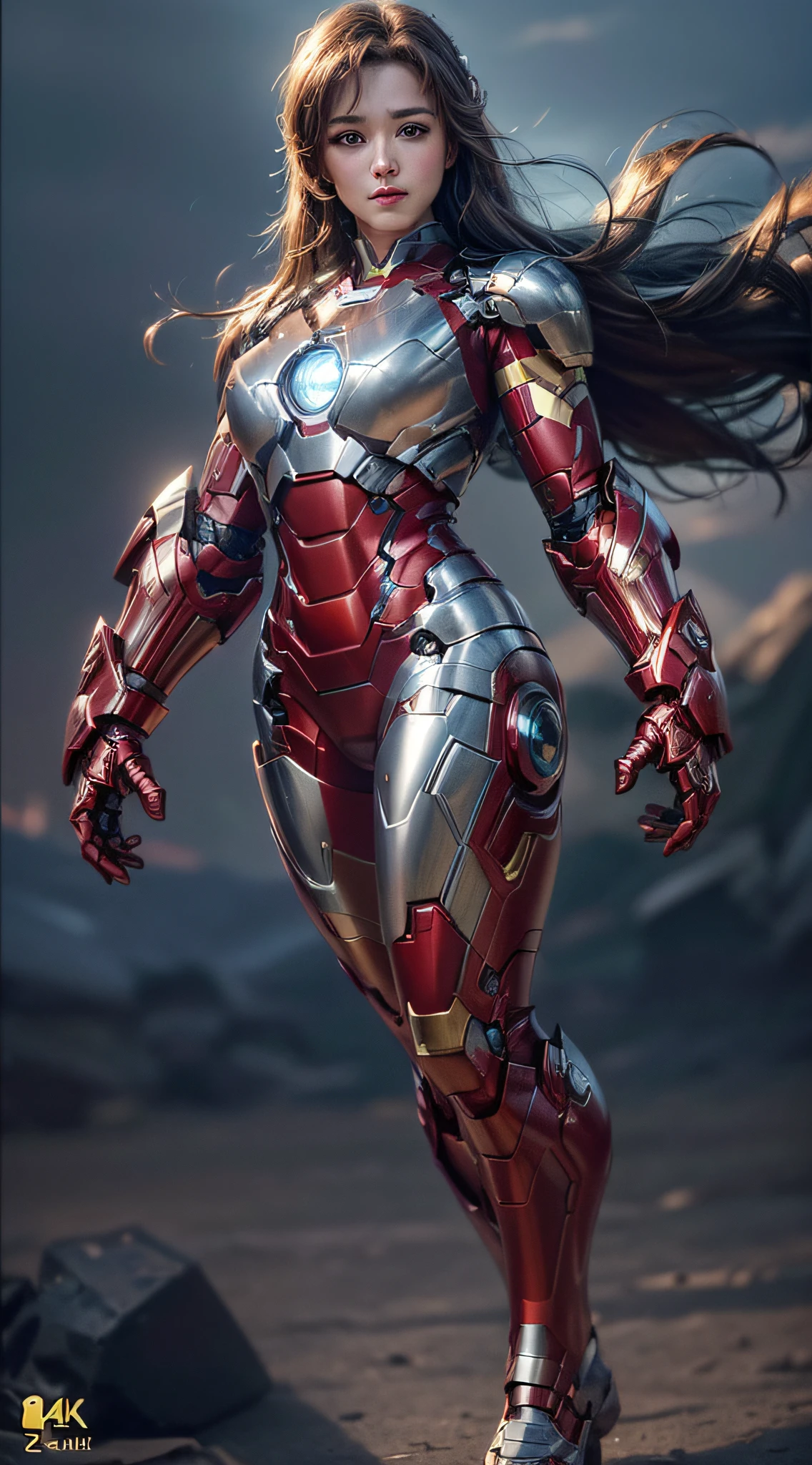 (The main subject: Wide-angle lens), Blue and red color scheme,Girl Captain America Iron Man(in a(humongous large breast)Anti-Hulk mech)，long whitr hair，ssmile,Realistic metal armor,shiny metal armor, ((Best quality,4K,8K,A high resolution,Masterpiece:1.2),(Realistic,Photorealistic,photo-realistic:1.37)).
