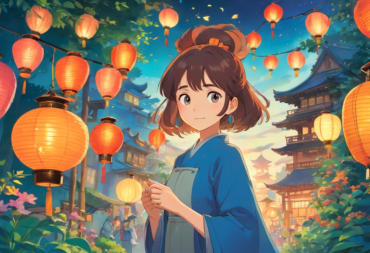 In the garden，colorful lanterns，Mid-Autumn Festival，Cartoon picture Normal background, A beautiful artwork illustration, Colorful illustration, colorful kids book illustration, Comfortable family，A girl，Colorful illustrations, archan nair, painting illustration, fairy-tale illustration style, editorial illustration colorful, colorful concept art, dreamlike illustration, Colorful! Character design, Wonderful illustrations, illustrated in whimsical style, Exquisite digital illustration