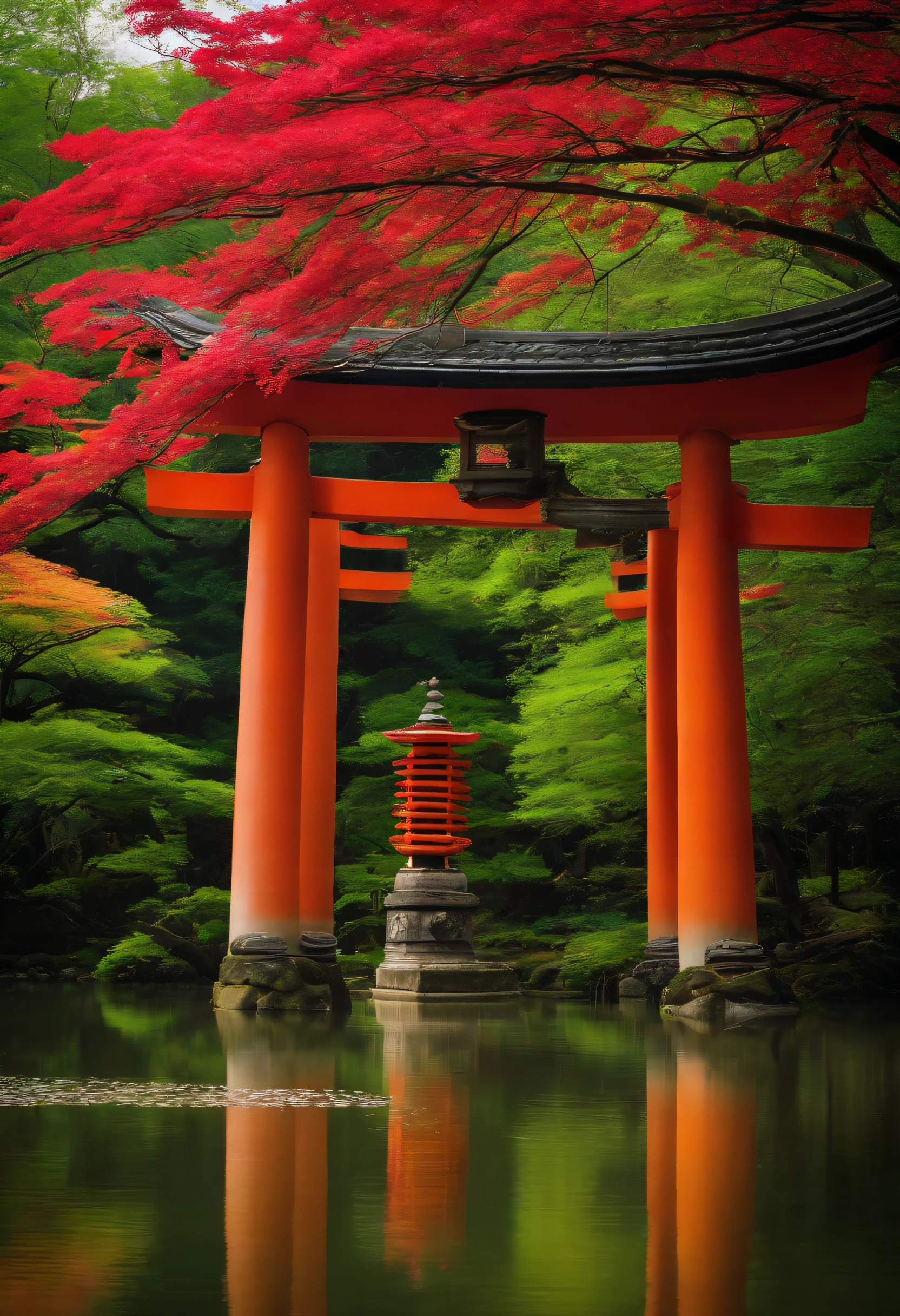 torii gate、stone statue、Three Pillars、Built on a pond