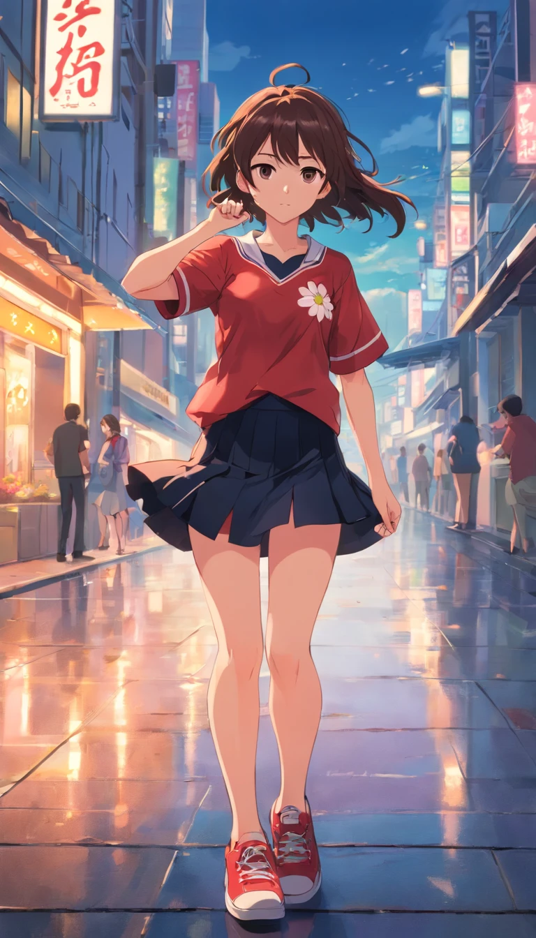 infp young woman，Ordinary appearance，medium build，length hair，The eyes are sinister。She wears a flowery red shirt and a black skirt，I have worn sneakers on my feet。