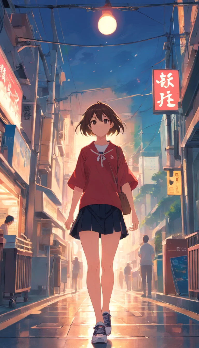 infp young woman,Ordinary appearance,medium build,length hair,The eyes are sinister。She wears a flowery red shirt and a black skirt,I have worn sneakers on my feet。
