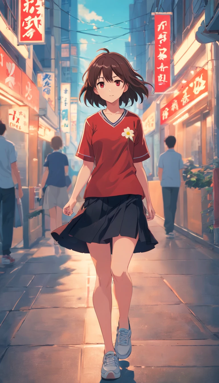 infp young woman,Ordinary appearance,medium build,length hair,The eyes are sinister。She wears a flowery red shirt and a black skirt,I have worn sneakers on my feet。