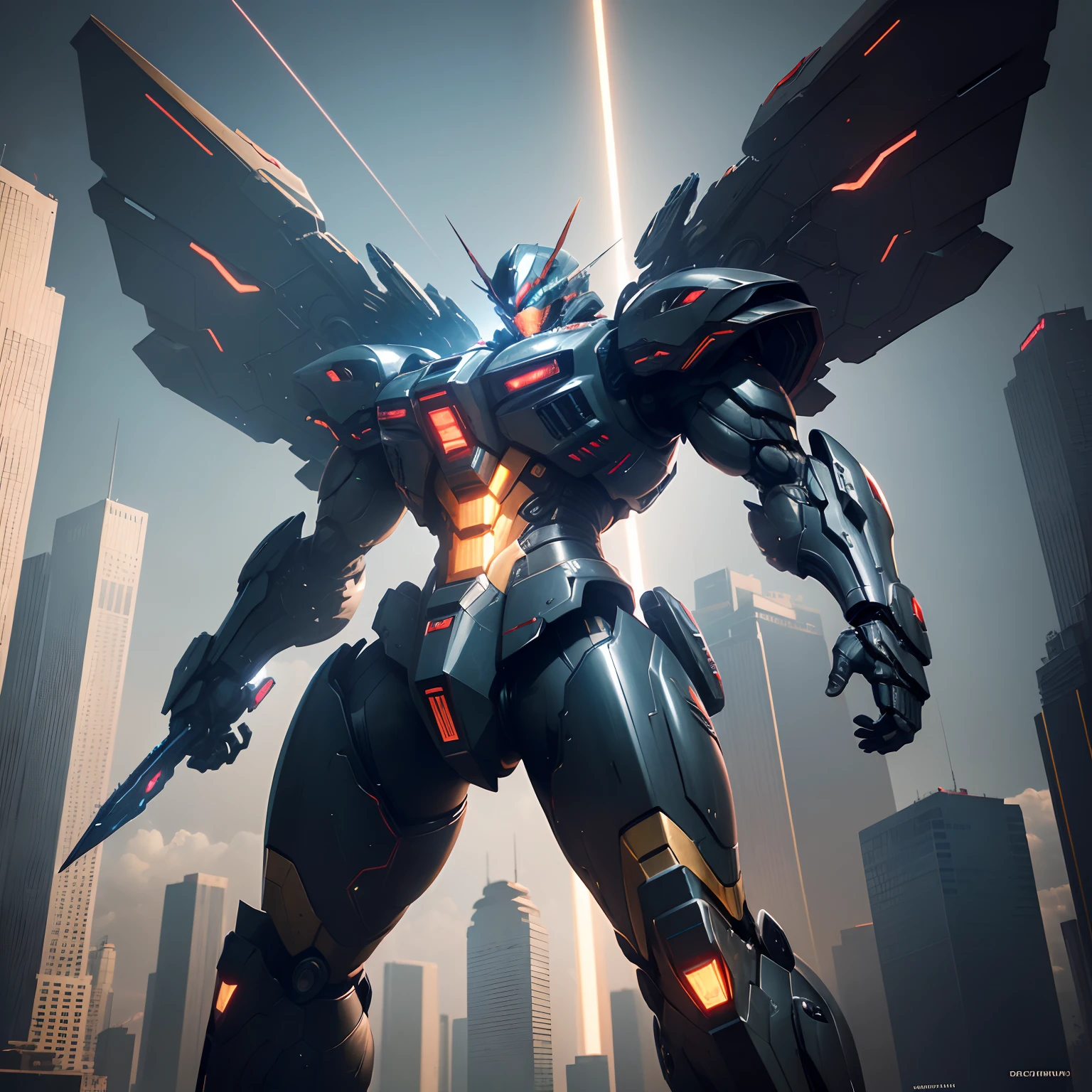 (best quality, 4k, 8k, highres, masterpiece:1.2), ultra-detailed, realistic:1.37, science fiction, futuristic design, detailed wings, Gundam-inspired, cityscape, beam saber, dynamic action, vivid colors, powerful stance, robotic craftsmanship, technology at its finest, glowing energy, mechanical precision, cybernetic enhancements, epic battle scene, towering skyscrapers, immersive atmosphere, intense lighting, futuristic warzone, exquisite details, menacing presence, iconic hero, advanced weaponry, futuristic mecha, sleek and aerodynamic, awe-inspiring, high-tech marvel, explosive energy, dynamic poses, captivating composition, masterful execution, cinematic quality, grandeur, epic masterpiece.