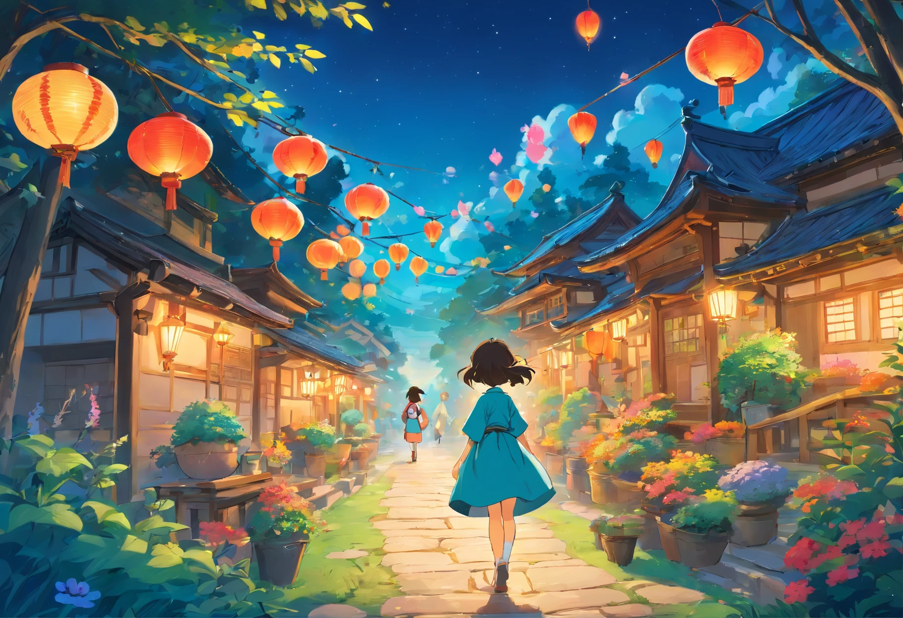 In the garden，colorful lanterns，Mid-Autumn Festival，Cartoon picture Normal background, A beautiful artwork illustration, Colorful illustration, colorful kids book illustration, Comfortable family，A girl，Colorful illustrations, archan nair, painting illustration, fairy-tale illustration style, editorial illustration colorful, colorful concept art, dreamlike illustration, Colorful! Character design, Wonderful illustrations, illustrated in whimsical style, Exquisite digital illustration