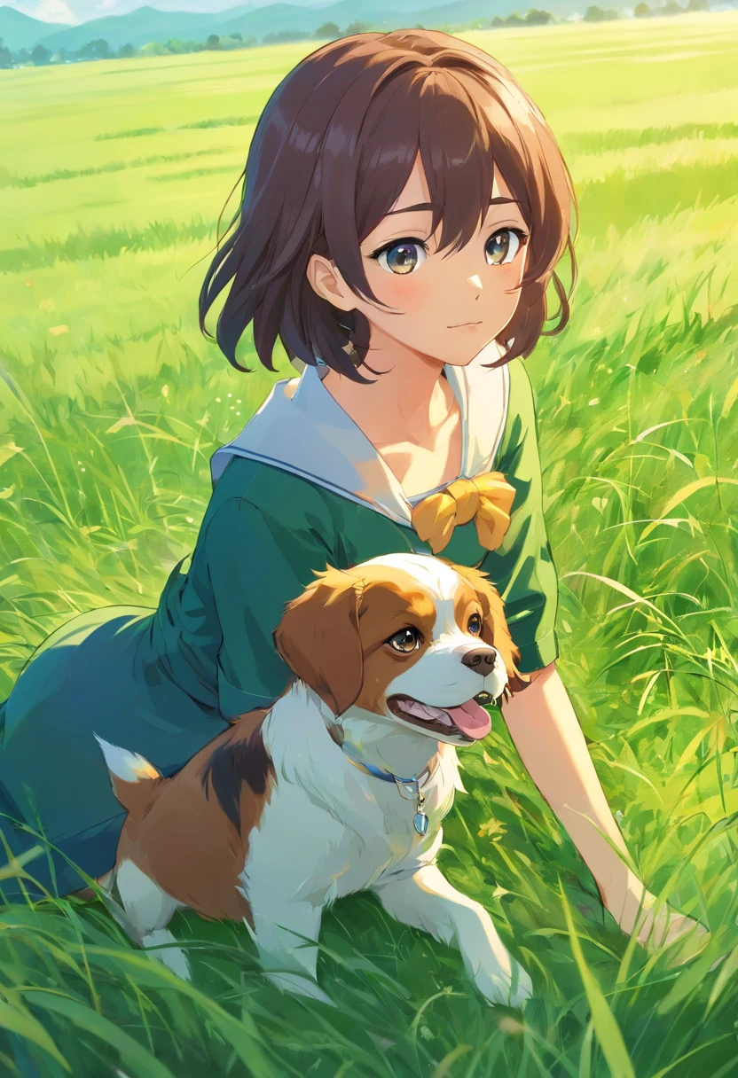 grass field,Tricolor Cavalier with a small body,Branheim Cavalier,