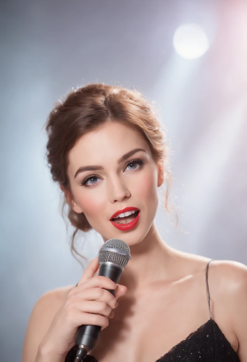 A portrait of a beautiful young woman singing karaoke, vintage illustration, chromolithograph, 80s style, white background.
