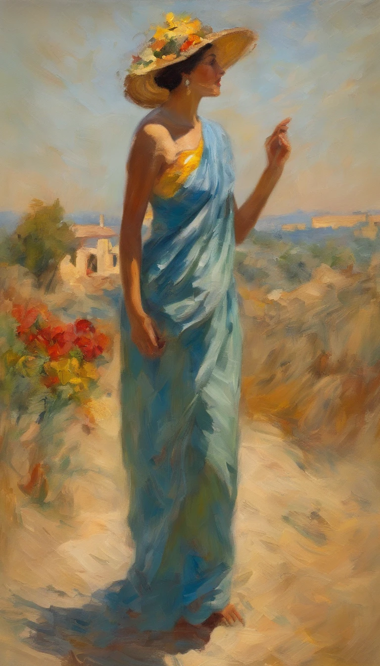 Image of a sensuous figure inspired by classical nudes, portrayed in a lush oil painting style with dynamic, rich strokes and a palpable thickness of paint evoking a sense of movement, set against a beautifully rendered vineyard bathed in golden sunlight. The composition merges historical elegance with contemporary sensuality, emphasizing the graceful curves and form of the body, while the background features sprawling grapevines and soft hills that add depth and warmth, creating an inviting and harmonious atmosphere.