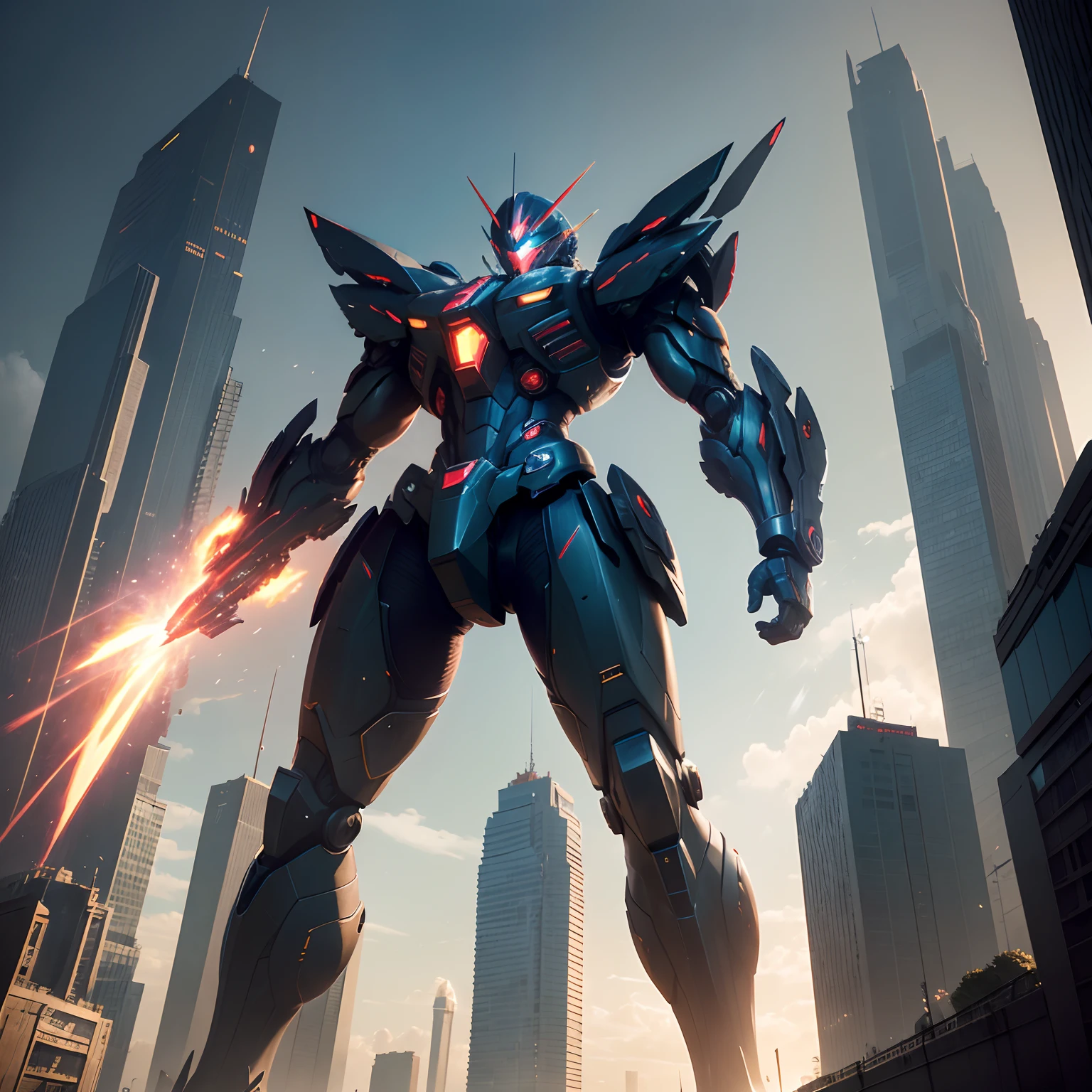 (Best Quality, 4K, 8K, hight resolution, masutepiece:1.2), Ultra-detailed, Realistic:1.37, Science fiction, futuristic design, Detailed wings, Inspired by Gundam, Cityscape, Beam saber, Dynamic action, Vivid colors, powerful stance, Robot craftsmanship, The best technology, Glowing energy, Mechanical precision, cybernetic enhancements, epic battle scene, towering skyscrapers, Immersive atmosphere, Intense lighting, Warzone of the future, exquisitedetails, Menacing presence, Iconic heroes, Advanced weapons, Mecha of the future, Sleek and aerodynamic, awe-inspiring, High-Tech Marvel, explosive energy, Dynamic Poses, Seductive composition, Brilliant execution, cinematic quality, grand, Magnificent masterpiece.