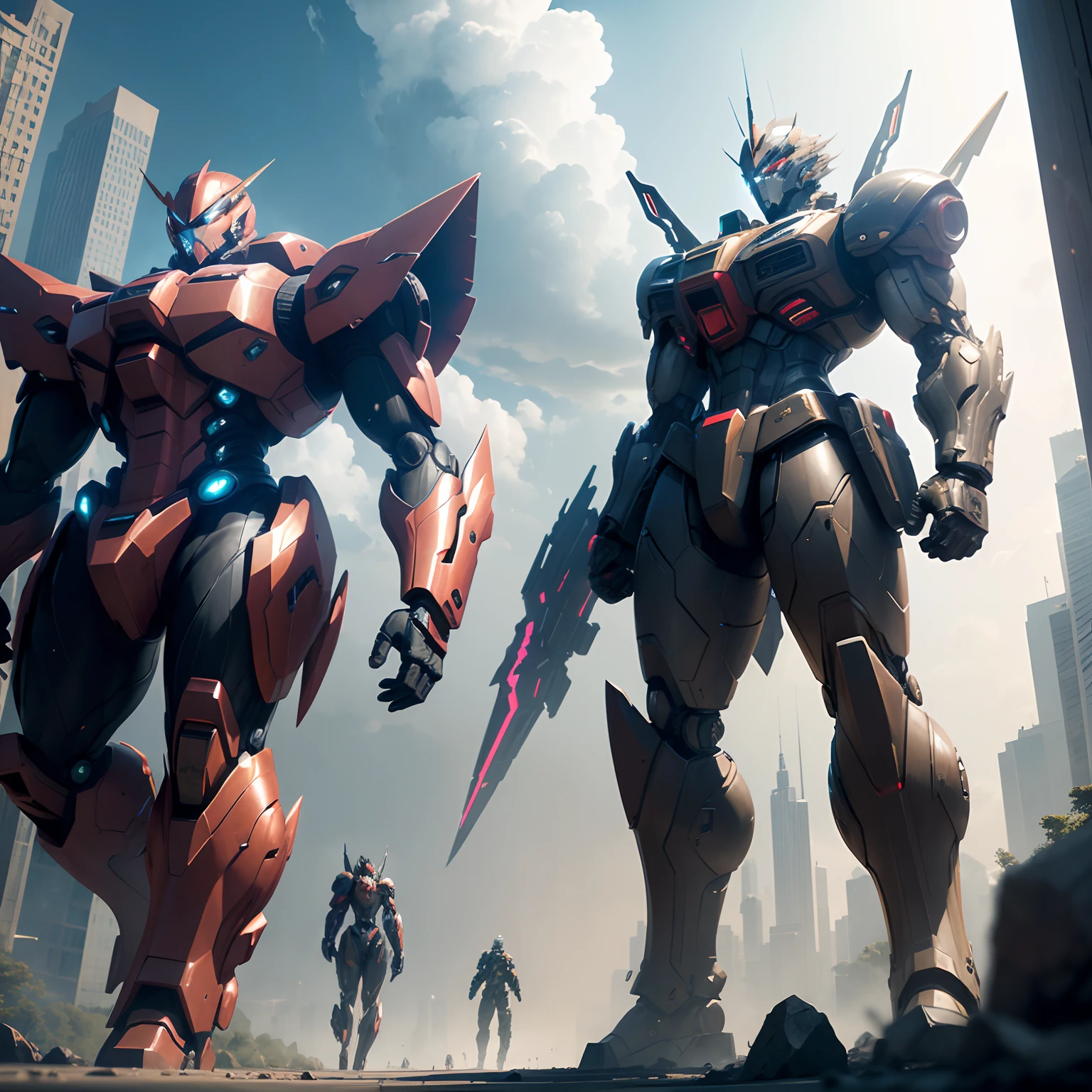 (Best Quality, 4K, 8K, hight resolution, masutepiece:1.2), Ultra-detailed, Realistic:1.37, Science fiction, futuristic design, Detailed wings, Inspired by Gundam, Cityscape, Beam saber, Dynamic action, Vivid colors, powerful stance, Robot craftsmanship, The best technology, Glowing energy, Mechanical precision, cybernetic enhancements, epic battle scene, towering skyscrapers, Immersive atmosphere, Intense lighting, Warzone of the future, exquisitedetails, Menacing presence, Iconic heroes, Advanced weapons, Mecha of the future, Sleek and aerodynamic, awe-inspiring, High-Tech Marvel, explosive energy, Dynamic Poses, Seductive composition, Brilliant execution, cinematic quality, grand, Magnificent masterpiece.