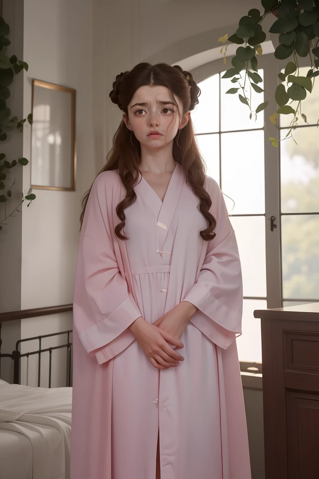 year: 2023. Location: England. Pre-Raphaelite scene with Thomasin McKenzie, hospital pyjammas robe, sad, crying, big tears, ((((Clothing from the 2020s)))) ((Hairstyle of the 2020s)), ((("OMITB" cinematography)))