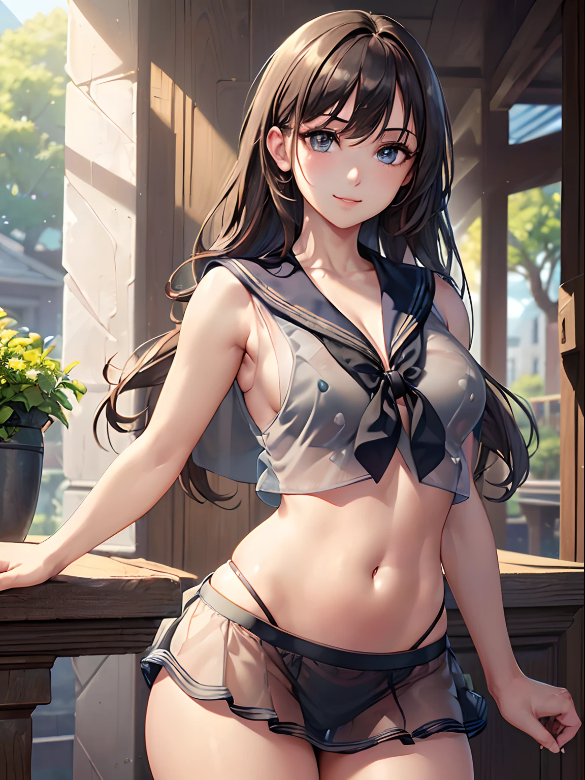 ((masterpiece, best quality, highres, UHD, perfect pixel, depth of field, 4k, RTX, HDR))), 1girl, single, solo, Statuesque, show off cleavage, fashion model posing, beautiful girl, beautiful artstyle, ((Detailed beautiful eyes, beautiful eyelashes, realistic eyes)), ((detailed face)), ((smooth texture:0.75, realistic texture:0.65, photorealistic:1.1)), large breasts, small ass, perfect body, ((cowboy shot)), ((( Sheer sailor shirt, Sleeveless, Open front))), (((Navel ))), (((Sheer Micro Mini Skirt))), poolside, smile, Perfect Eyes Eyes