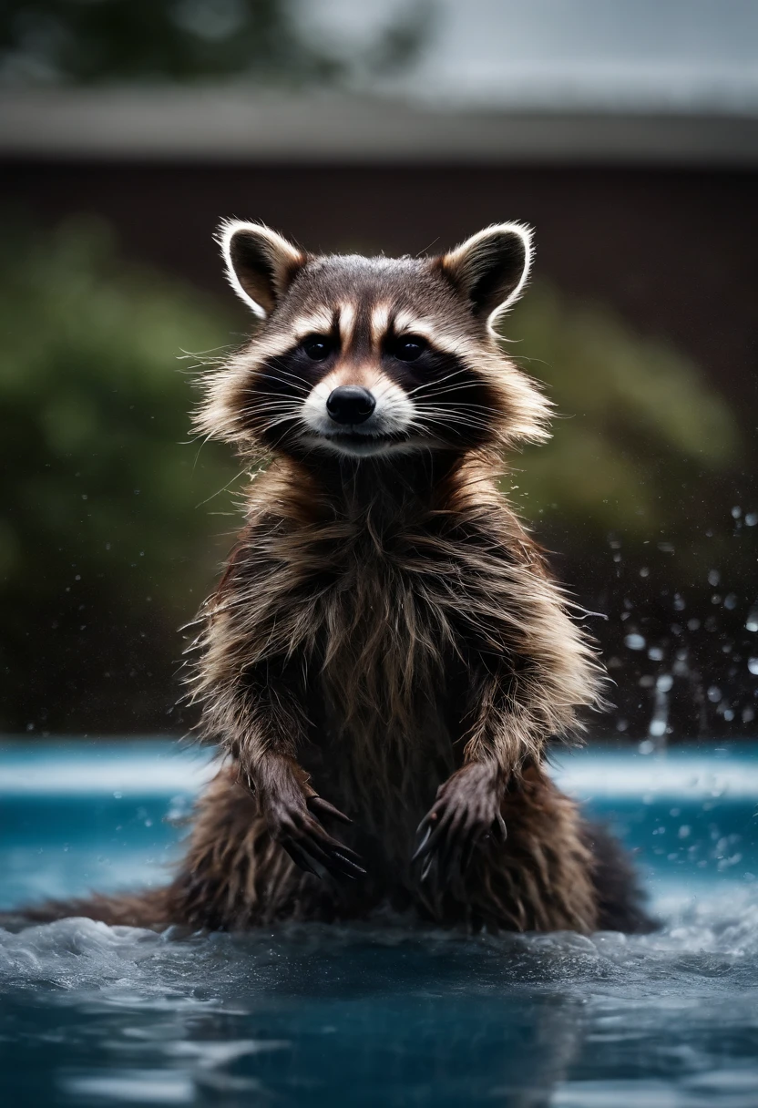 detailed realistic Marvel photo style Rocket Raccoon soaked wet emerging from a pool, visible erect penis, realistic wet fabric, realistic wet fur, full body view, flirty pose