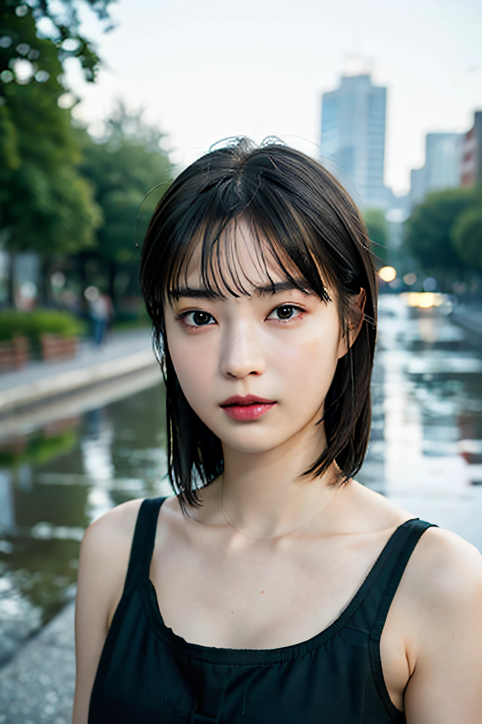 ((Top Quality, 8K, Masterpiece: 1.3)), Sharp: 1.2, Perfect Body Beauty: 1.4, Slim Abs: 1.2, ((Layered Hairstyle, Big: 1.2)), Dancer, (Rain, Street: 1.2), Wet: 1.5, Highly Detailed Face and Skin Texture, Detailed Eyes, Double Eyelids, Aspect Looking at Camera