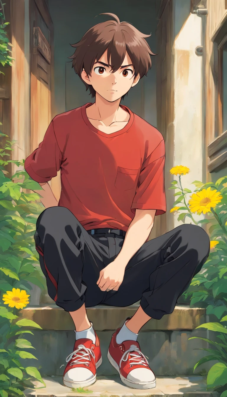 Young men,Ordinary appearance,medium build,Greasy hair,The eyes are sinister。He wears a flowery red shirt and black pants,I have worn sneakers on my feet。