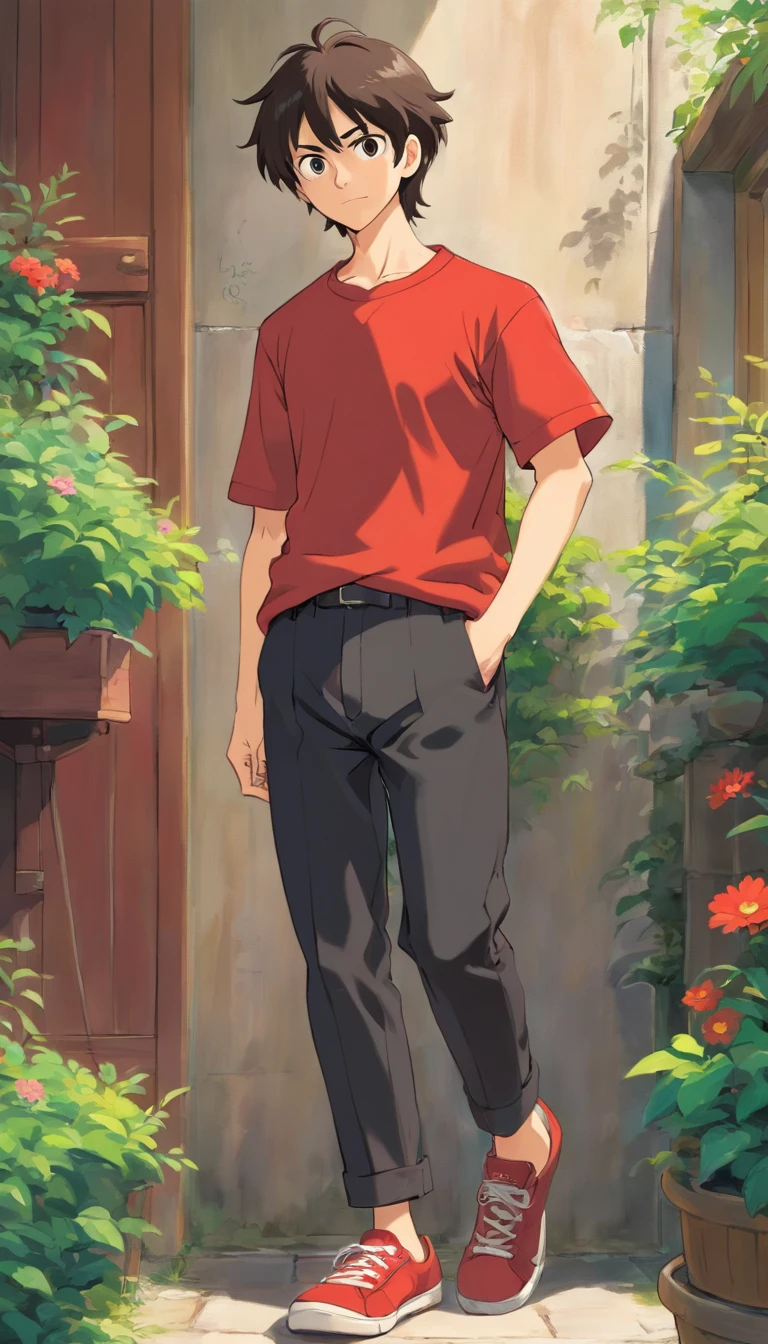 Young men，Ordinary appearance，medium build，Greasy hair，The eyes are sinister。He wears a flowery red shirt and black pants，I have worn sneakers on my feet。