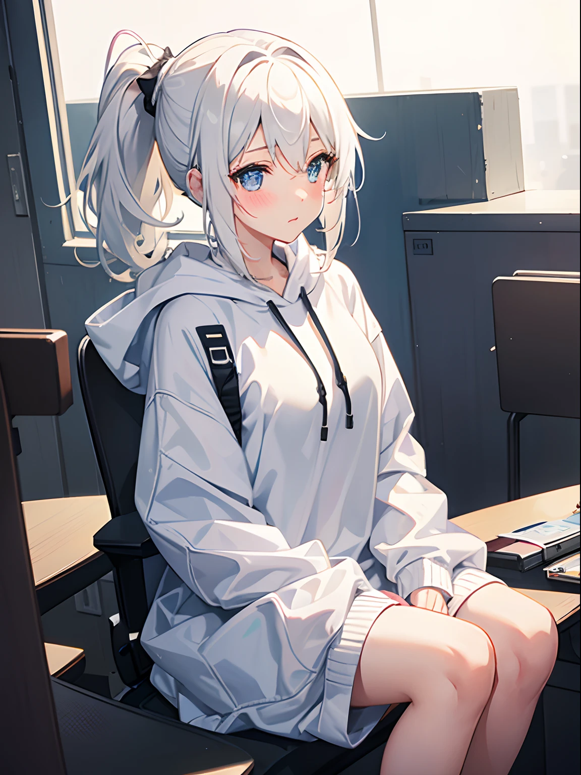 1girl in, Medium White Hair, blue eyes, Pony tail, Cute, blush, medium breasts, oversize hoodie