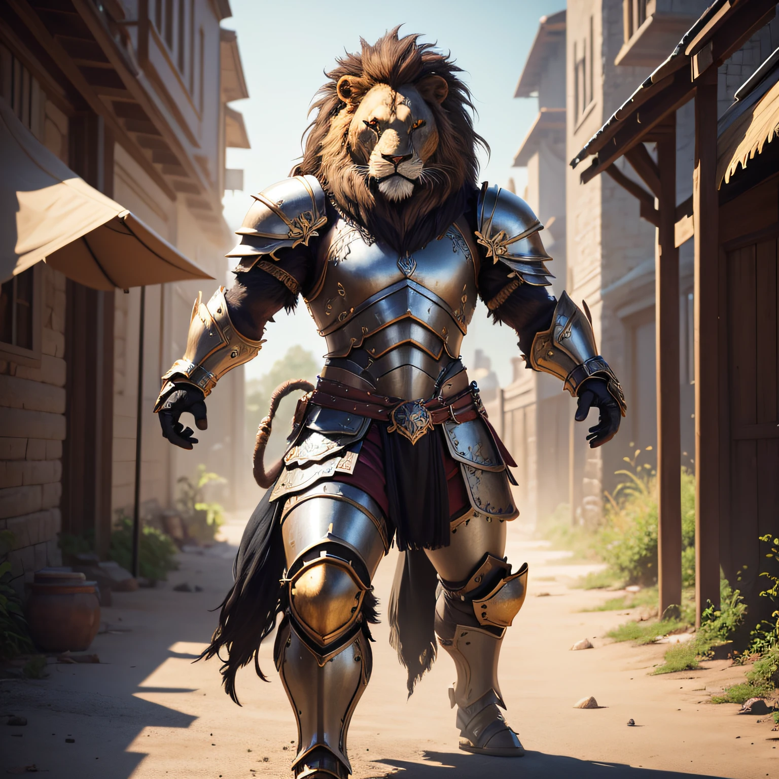 Cute lion warrior in realistic 4K armor, full entire body,Super Detailed, Vray Display, Unrealistic engine, Midjourney Art Style.