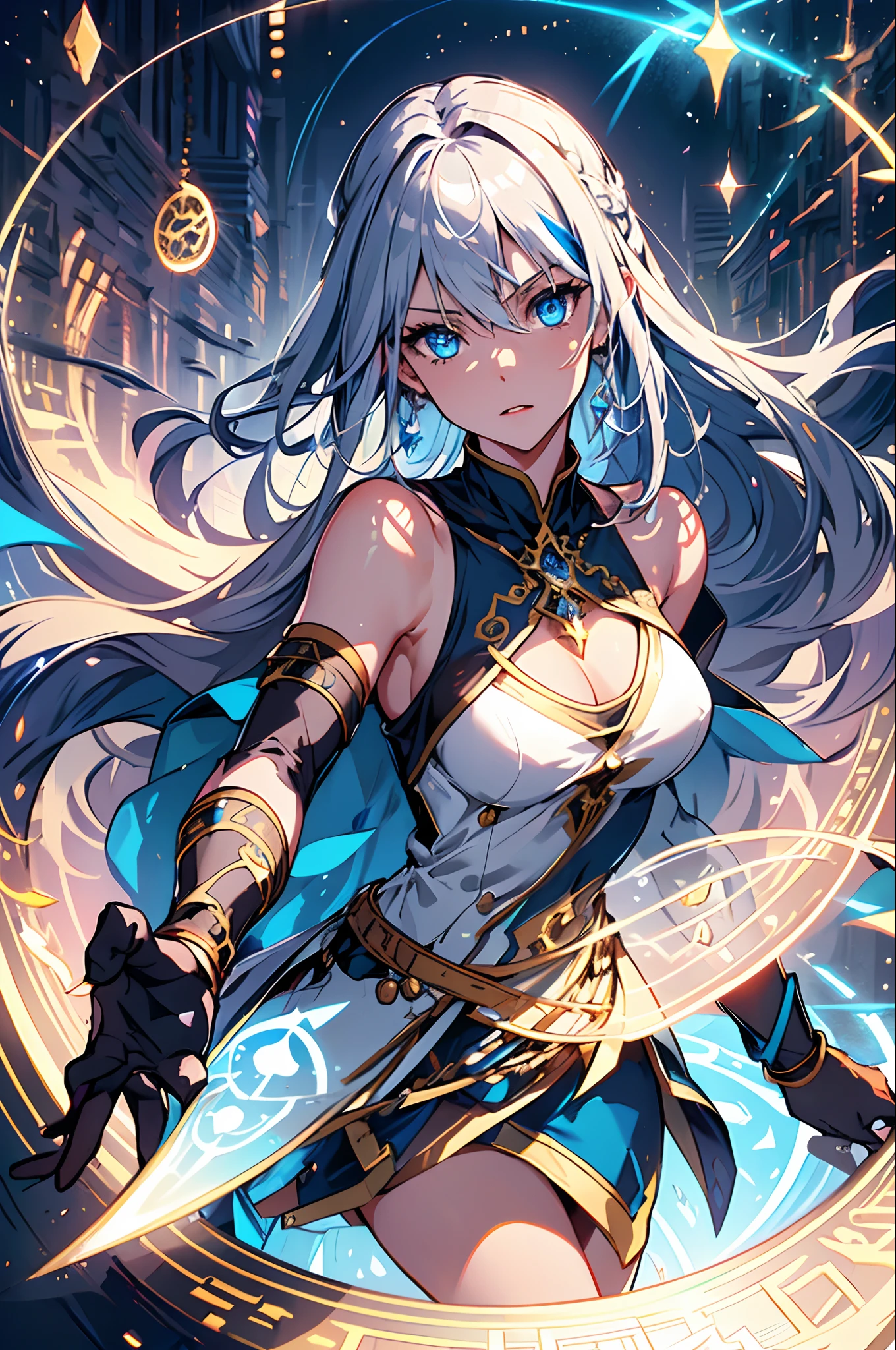 highres, highest quality, illustration, ultra detailed, (detailed face), (detailed eyes), cinematic lighting, best quality, hyper detailed, masterpiece, 1girl, solo, long hair, blue-streaked silver hair, blue eyes, (long blue color female knight dress), chest armor, sleeveless, bare shoulder, white color handsock, ornamental gold bracelet, white skirt, black high thigh stocking, ruins, serious look, luminous eyes, big breasts, light rays, (colorful), head to thigh, magic circles, exquisite fantasy outfit design, dynamic angle, dynamic pose