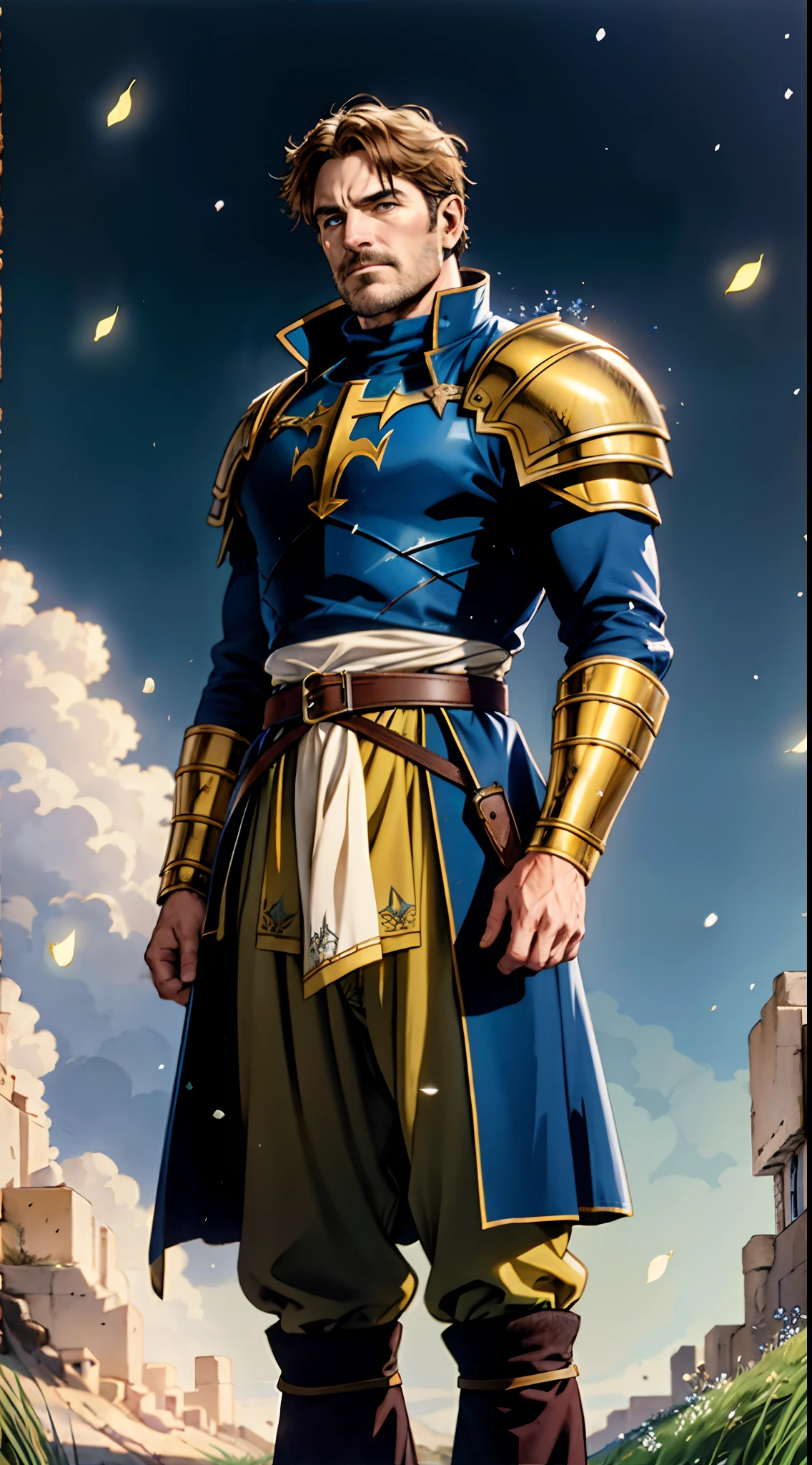 A middle-aged man with short golden hair, thick hair, a large cross scar on his face, has gentle eyes, a calm expression, a fantasy-style coat with leaf-shaped chest armor, the color scheme is mainly grass green, with earthy yellow as secondary colors, a belt around his waist, coarse cloth trousers, the background shows a medieval fantasy-style street with snowflakes falling, this character embodies a finely crafted fantasy-style soldier in anime style, characterized by an exquisite and mature manga illustration art style, high definition, best quality, highres, ultra-detailed, ultra-fine painting, extremely delicate, professional, anatomically correct, symmetrical face, extremely detailed eyes and face, high quality eyes, creativity, RAW photo, UHD, 8k, Natural light, cinematic lighting, masterpiece:1.5