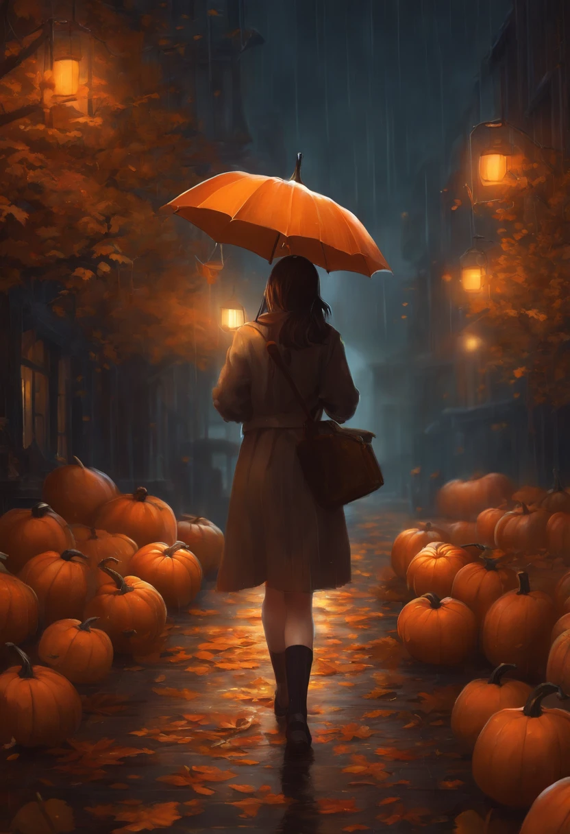 A nerdy girl is walking down a dark path decorated with halloween pumpkins, while it rains, with a book in her hands, makoto shiing, highly detailed, incredible quality, trending in artstation animenkai and studio ghibli, dramatic light