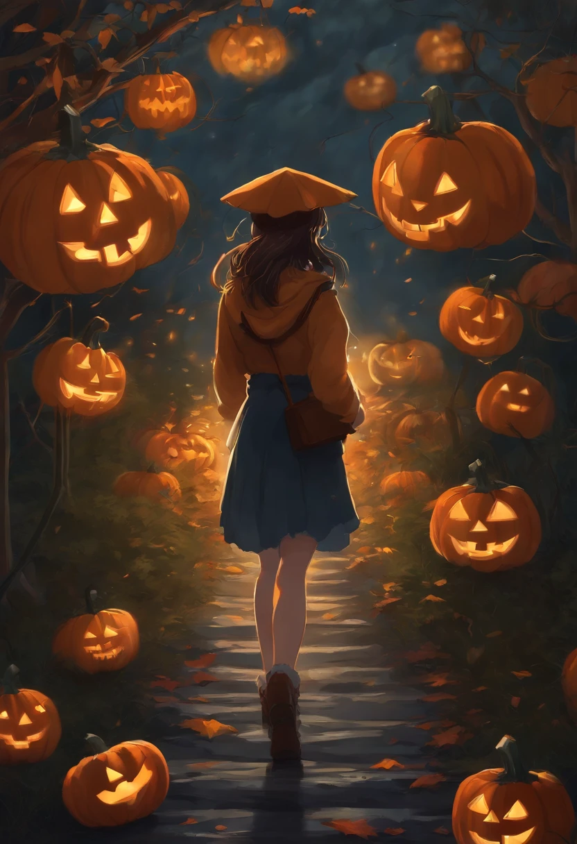 A nerdy girl is walking down a dark path decorated with halloween pumpkins, while it rains, with a book in her hands, makoto shiing, highly detailed, incredible quality, trending in artstation animenkai and studio ghibli, dramatic light