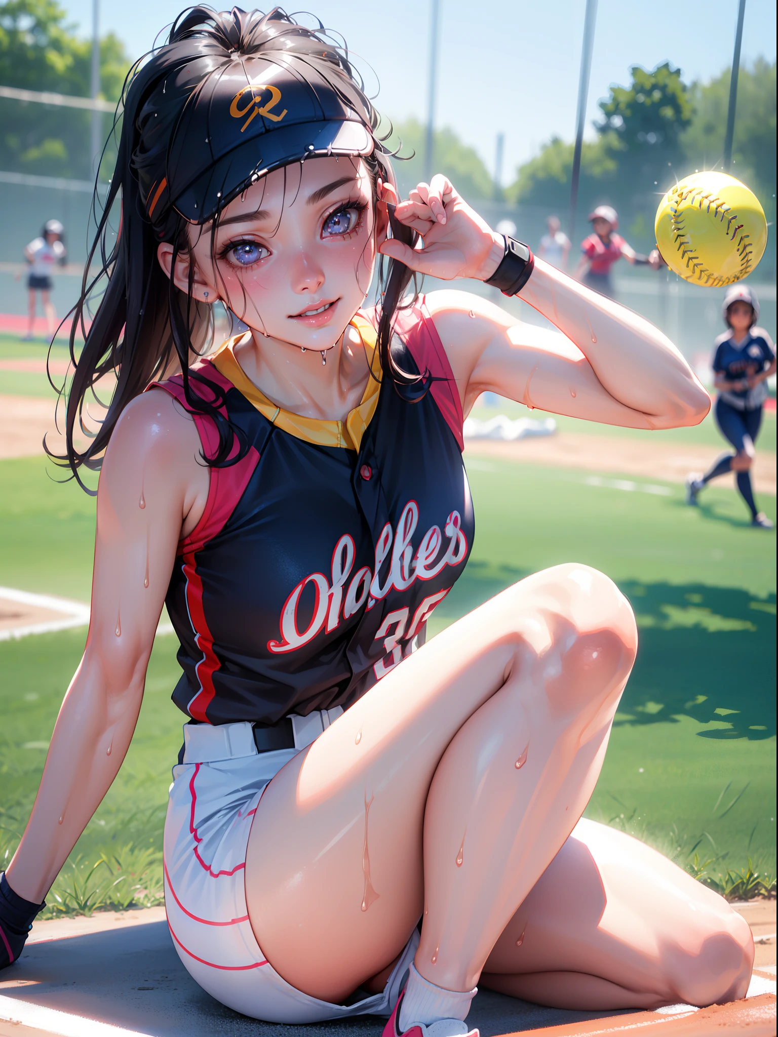 Best Quality, masutepiece, High resolution, (Photorealistic:1.4), Raw photo, 1 beautiful girl ,Women's softball player, small head,Large breasts,nice legs, Glowing skin, Wet skin,Sweat, lightsmile,At softball venue,(Detailed beautiful face:1.4),detailed skins,Detailed eyes,detailed hairs,Cool,Beautiful,