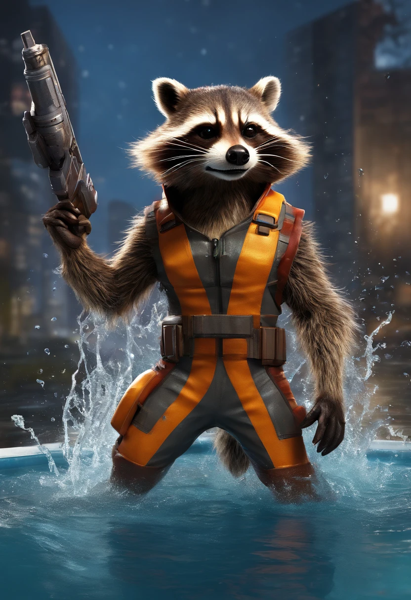 detailed realistic Marvel photo style Rocket Raccoon soaked wet emerging from a pool, visible erect penis, realistic wet fabric, realistic wet fur, full body view, flirty pose