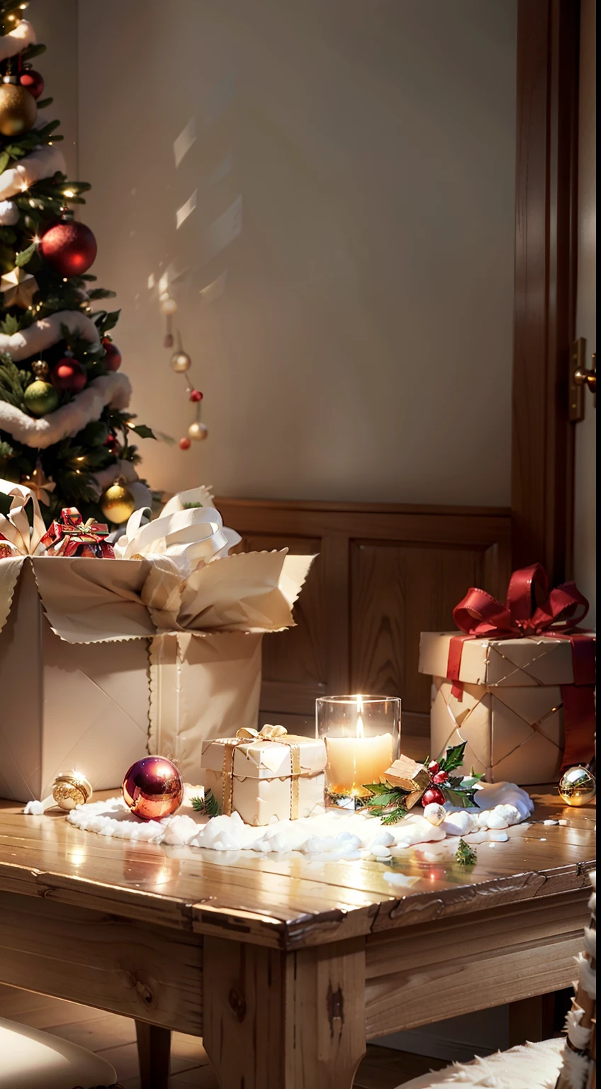 Extreme close-up,Clear,tmasterpiece,Christmas table,It is stocked with delicious Christmas food and wine,Bright natural light,Surrounded by a beautiful gift box,toys,liveroom,C4D,Empty product display scene,Positive perspective