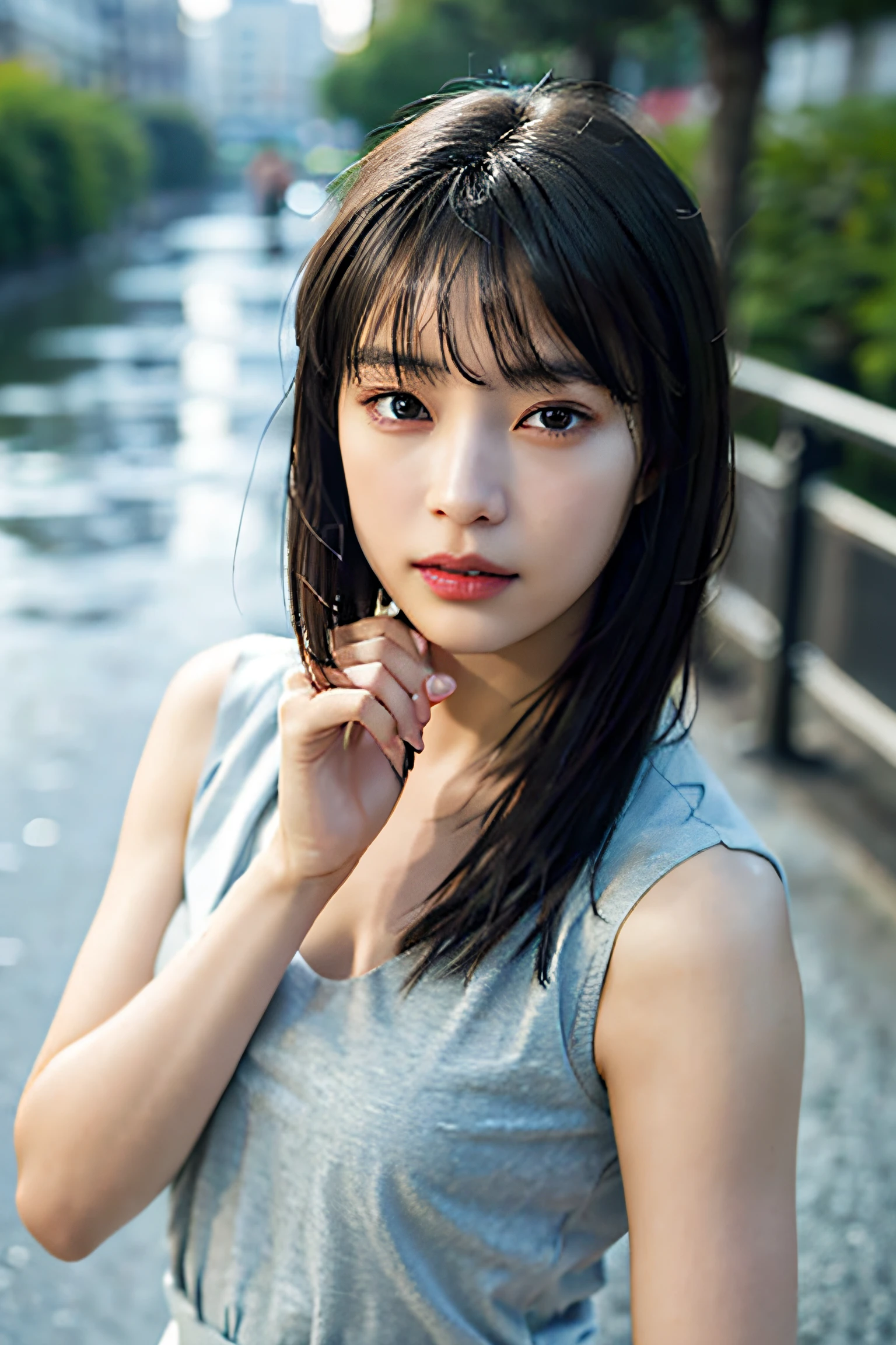 ((Top Quality, 8K, Masterpiece: 1.3)), Sharp: 1.2, Perfect Body Beauty: 1.4, Slim Abs: 1.2, ((Layered Hairstyle, Big: 1.2)), Dancer, (Rain, Street: 1.2), Wet: 1.5, Highly Detailed Face and Skin Texture, Detailed Eyes, Double Eyelids, Aspect Looking at Camera